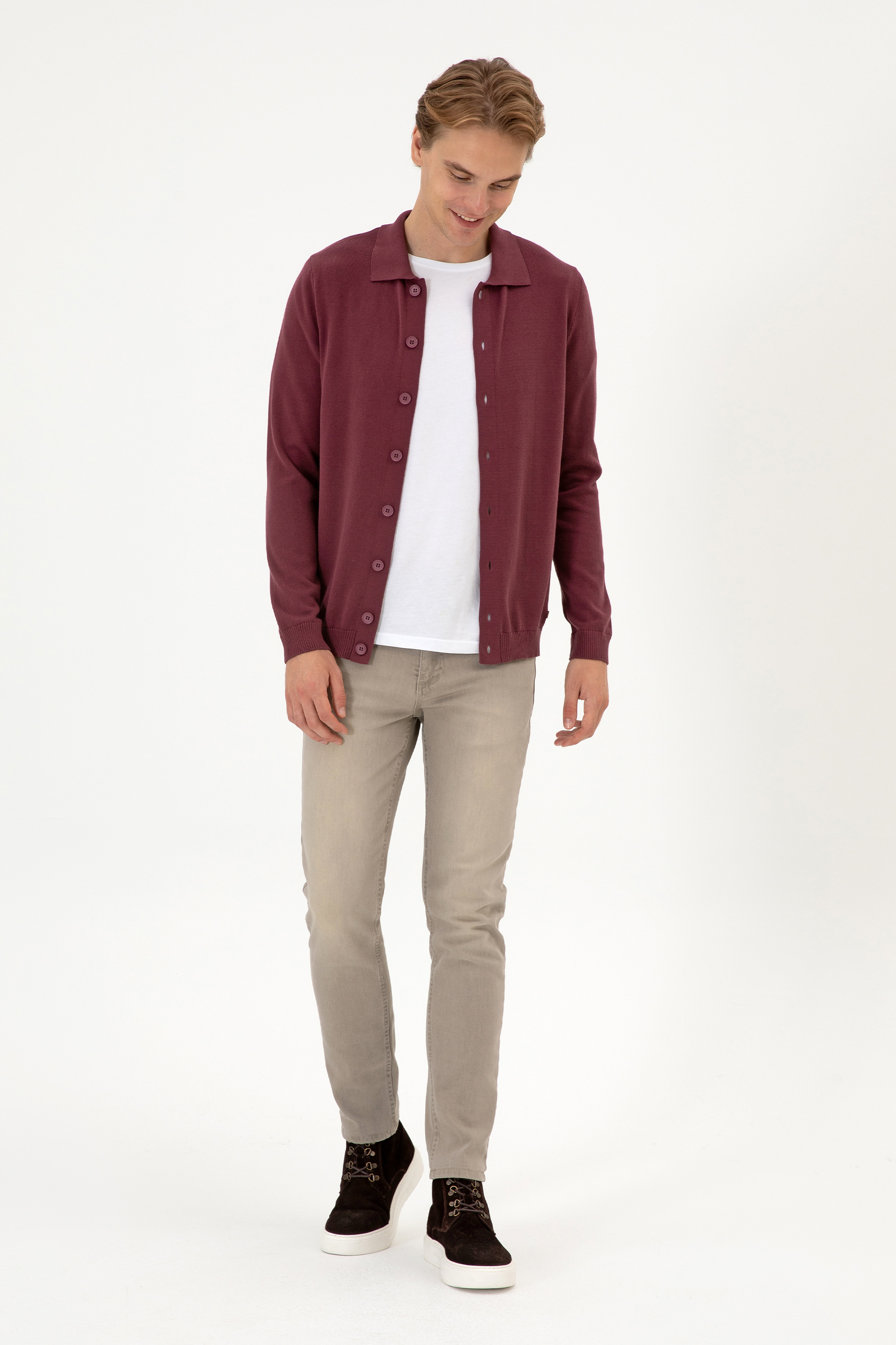Erkek Polo Yaka Bordo Basic Triko Hırka