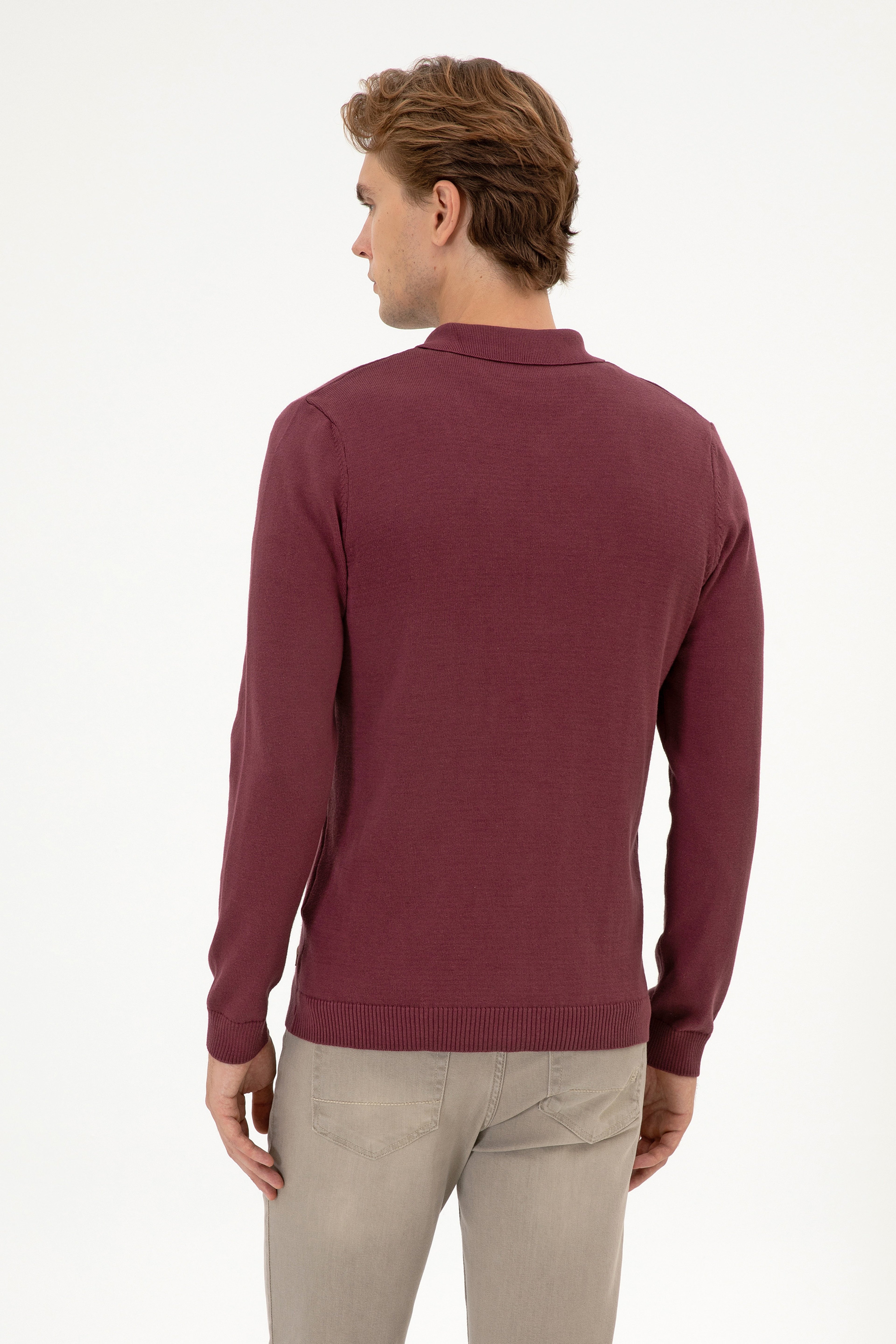 Erkek Polo Yaka Bordo Basic Triko Hırka
