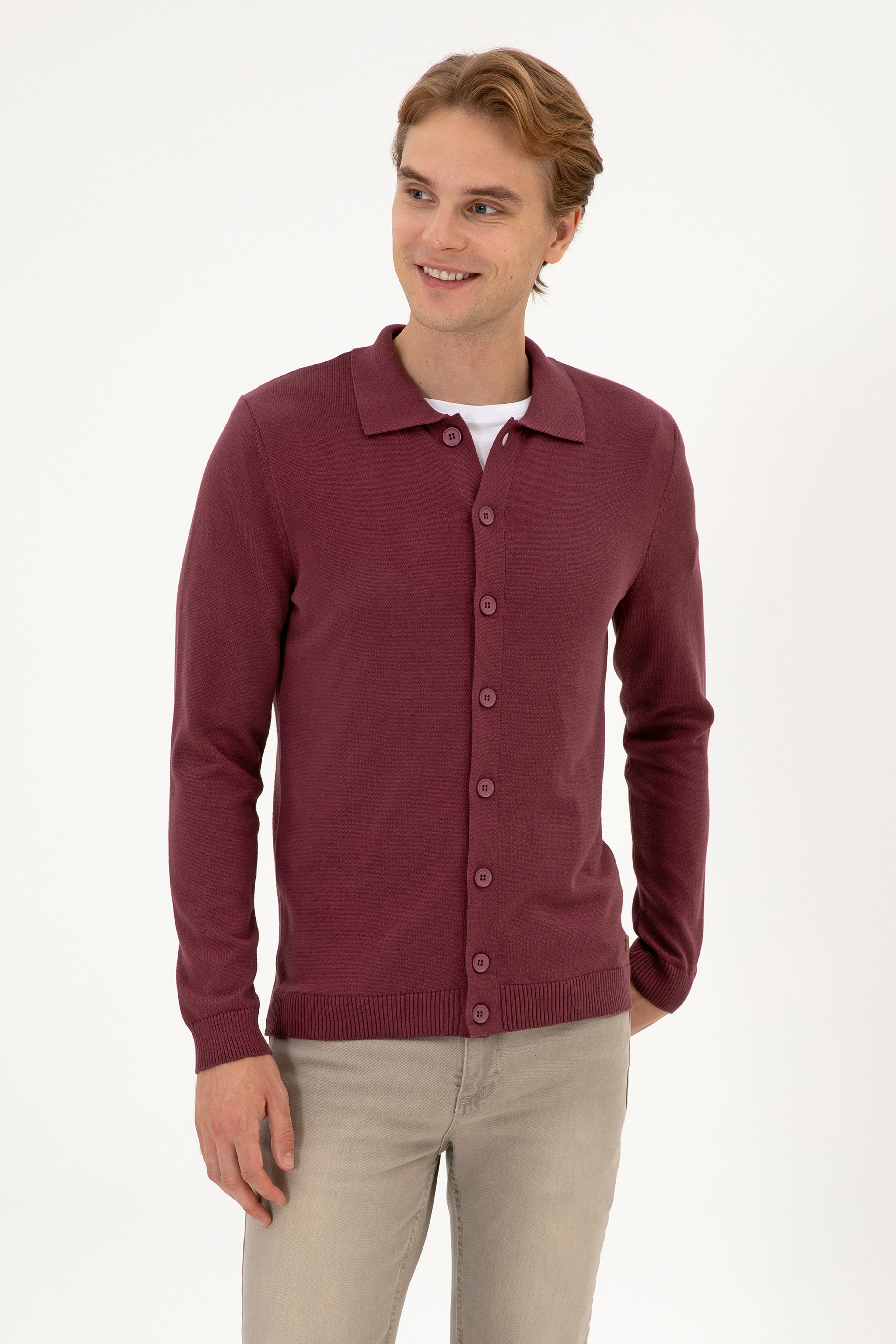 Erkek Polo Yaka Bordo Basic Triko Hırka - Image 3