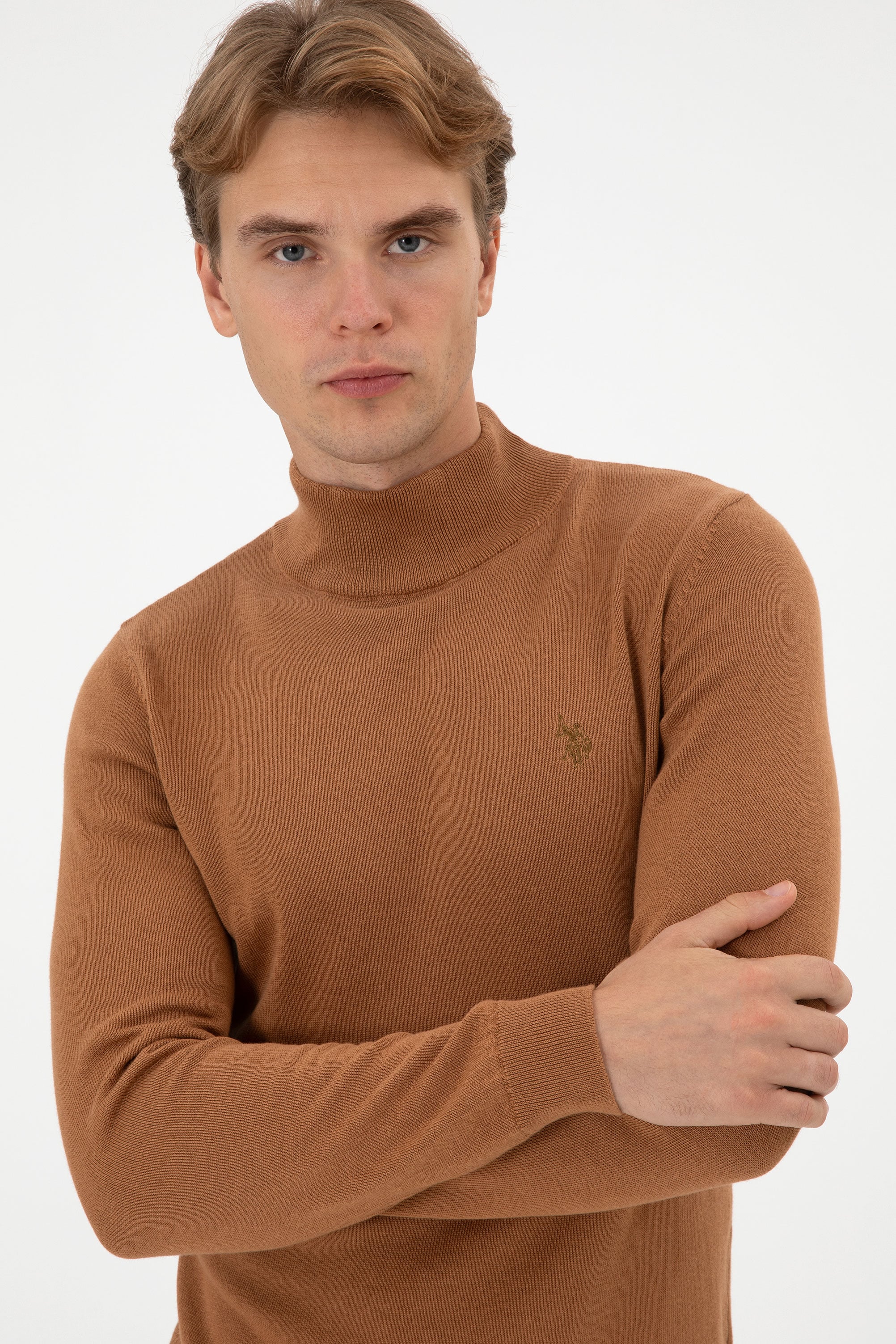 Erkek Slim Fit Boğazlı Camel Basic Kazak - Image 2