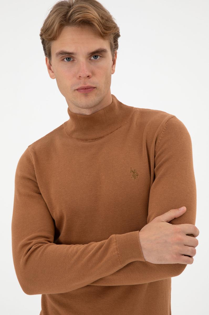 Erkek Slim Fit Boğazlı Camel Basic Kazak