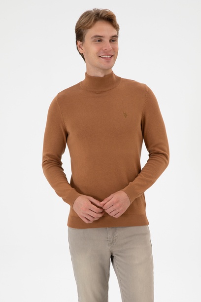 Erkek Slim Fit Boğazlı Camel Basic Kazak