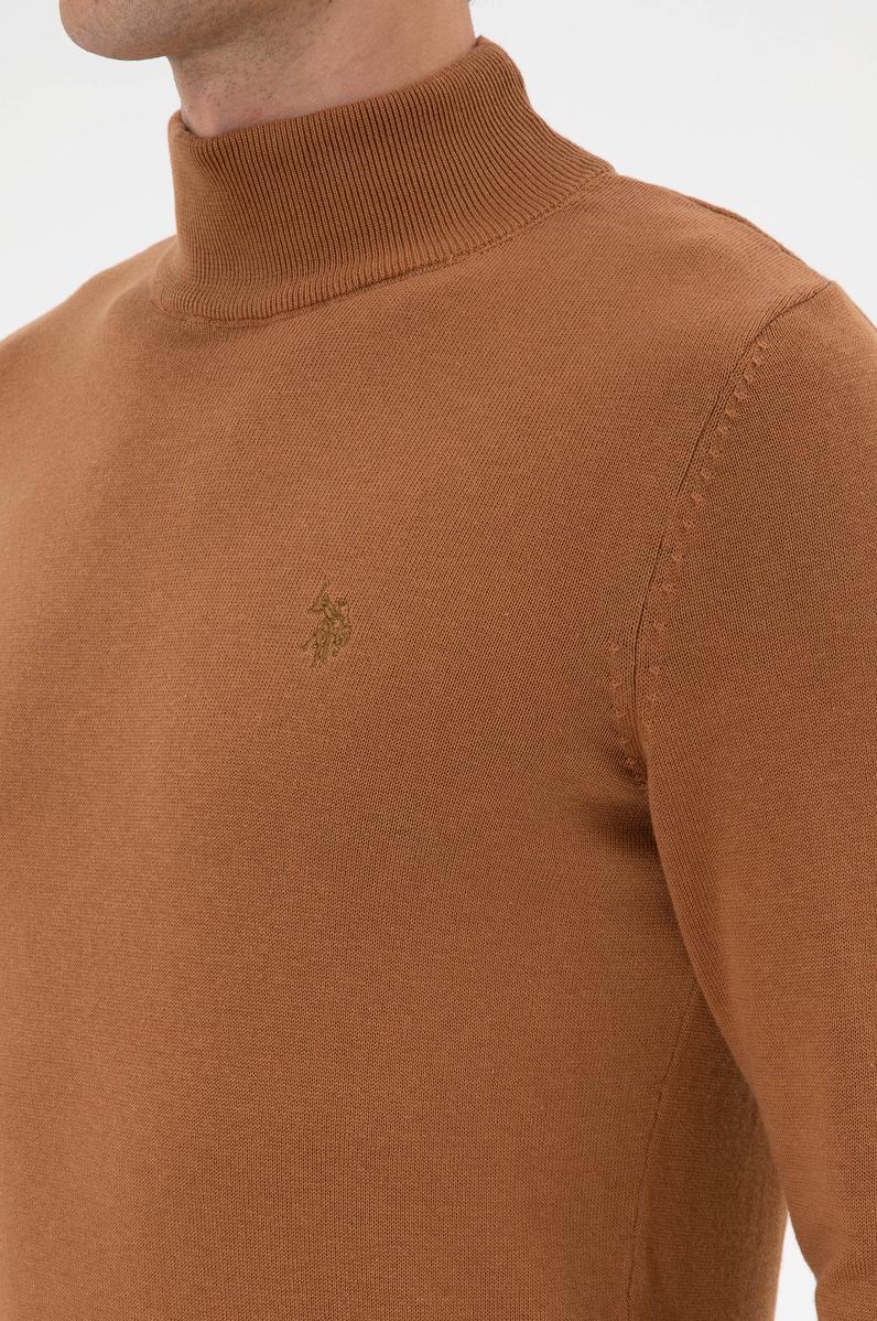 Erkek Slim Fit Boğazlı Camel Basic Kazak