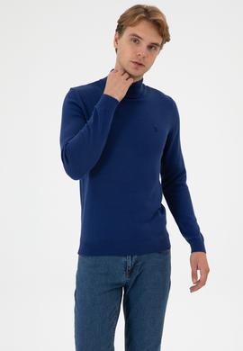 Erkek Slim Fit Boğazlı İndigo Basic Kazak - 50313712086