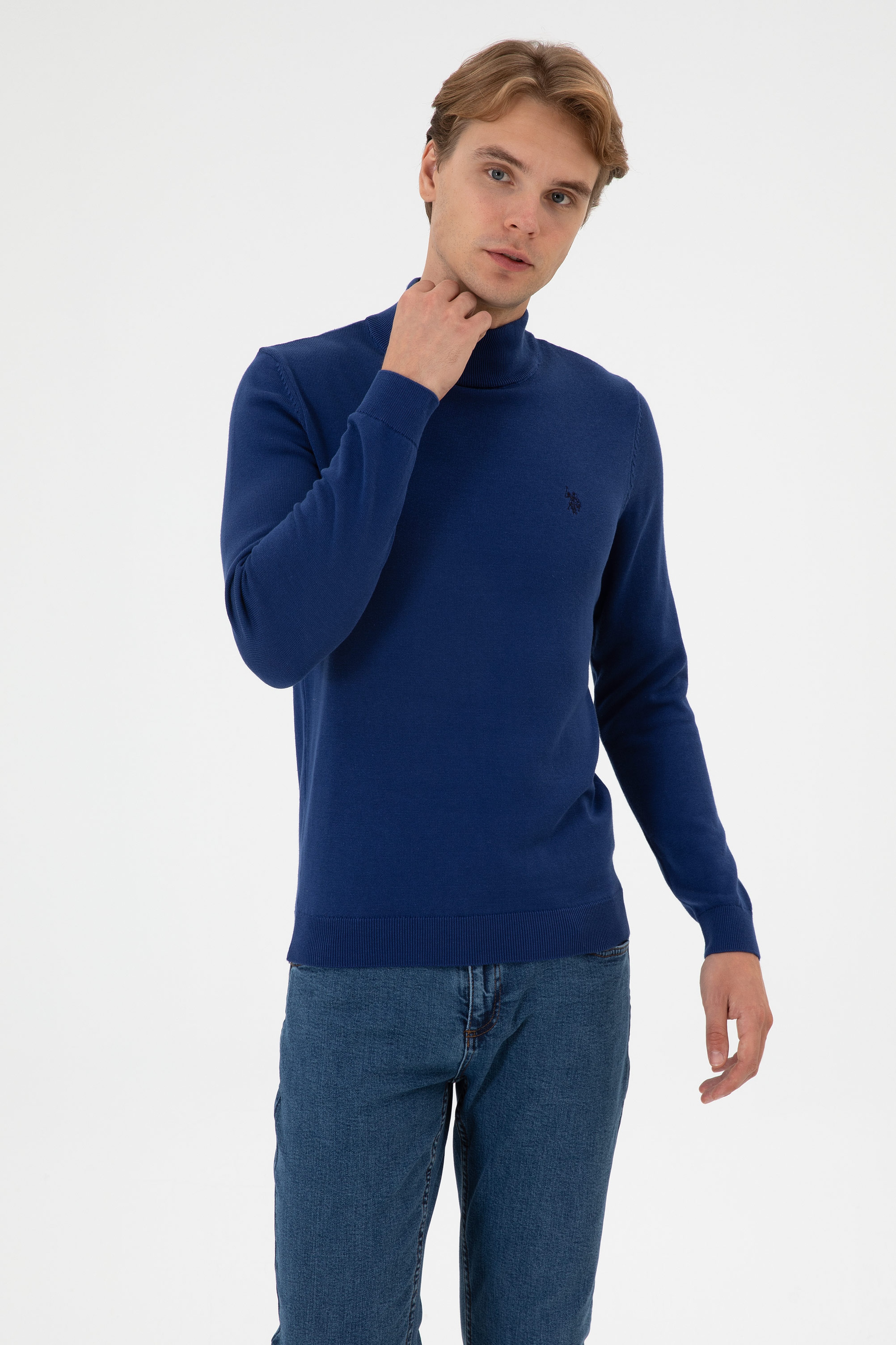 Erkek Slim Fit Boğazlı İndigo Basic Kazak