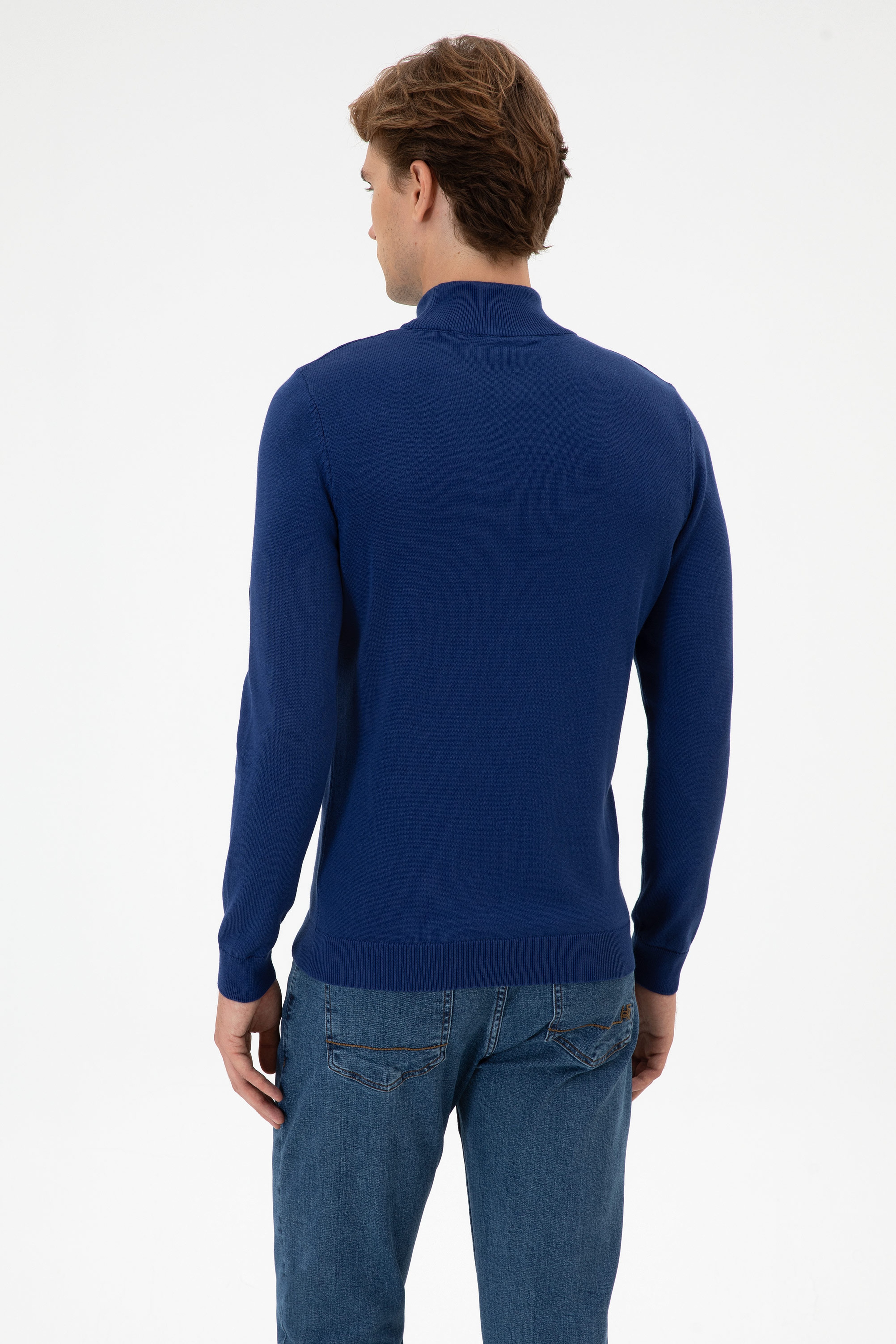 Erkek Slim Fit Boğazlı İndigo Basic Kazak