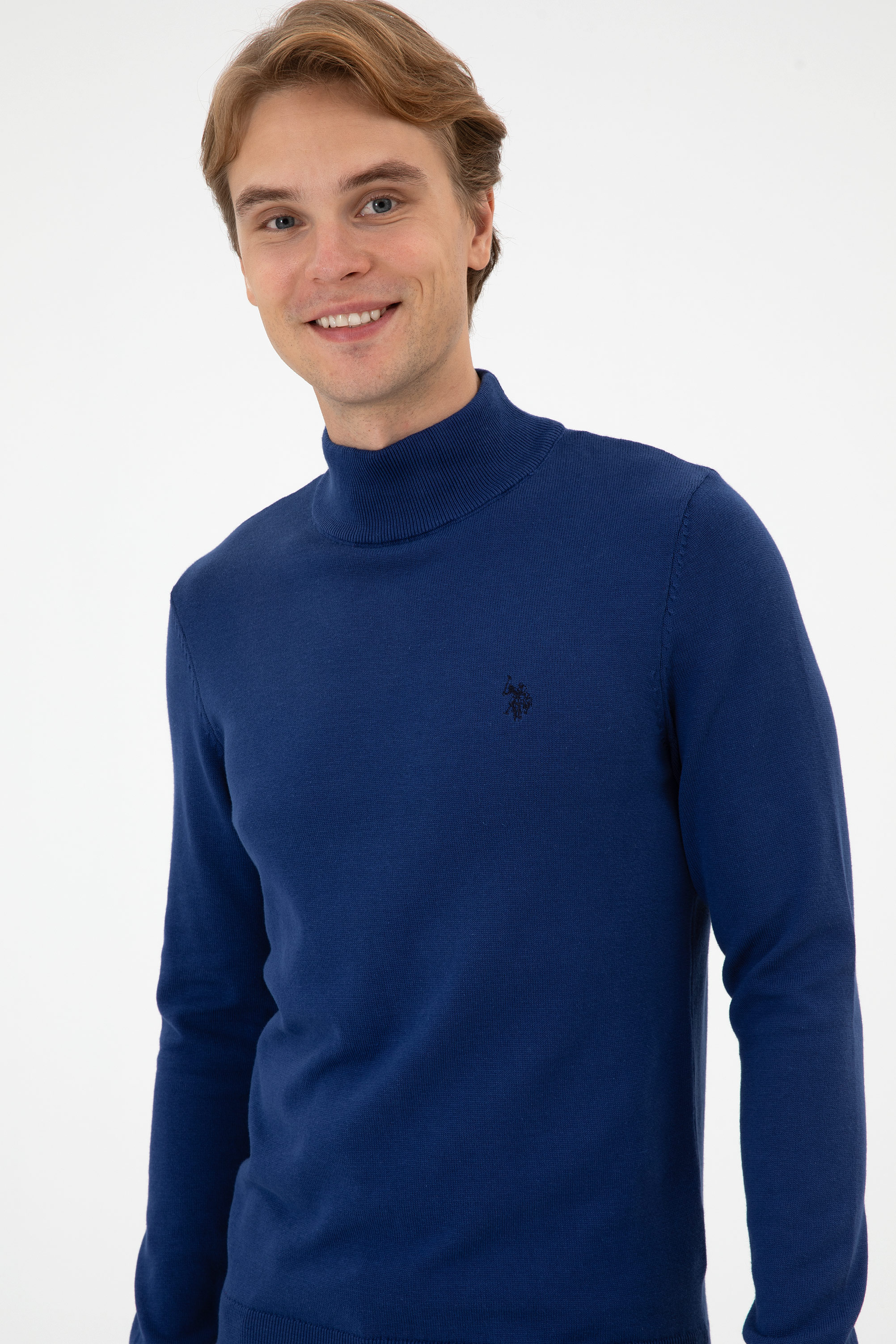 Erkek Slim Fit Boğazlı İndigo Basic Kazak - Image 2