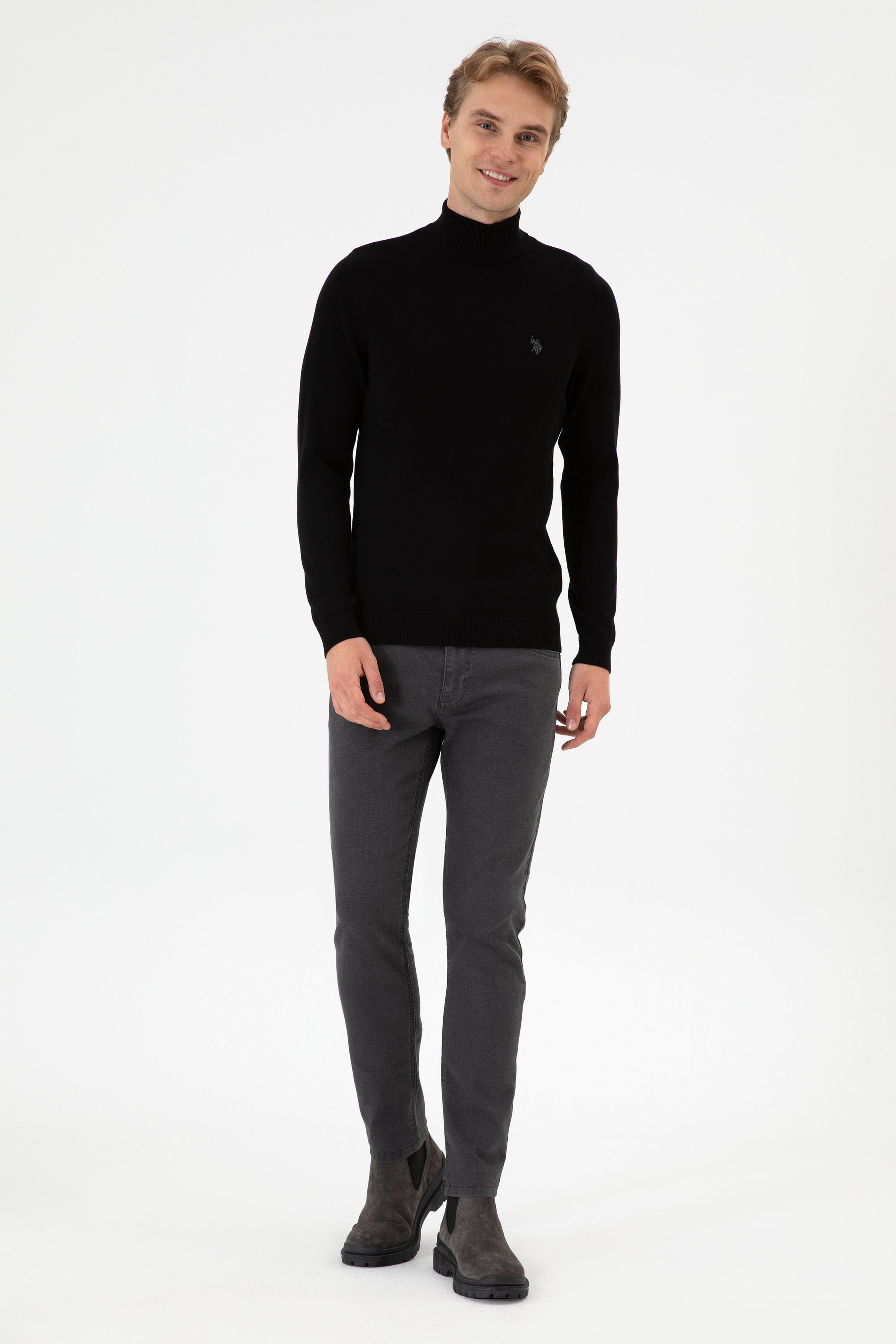 Erkek Slim Fit Boğazlı Siyah Basic Kazak - Image 4