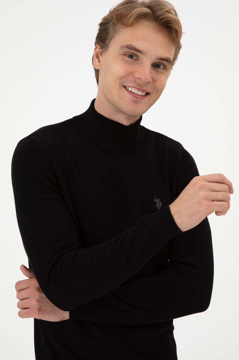 Erkek Slim Fit Boğazlı Siyah Basic Kazak