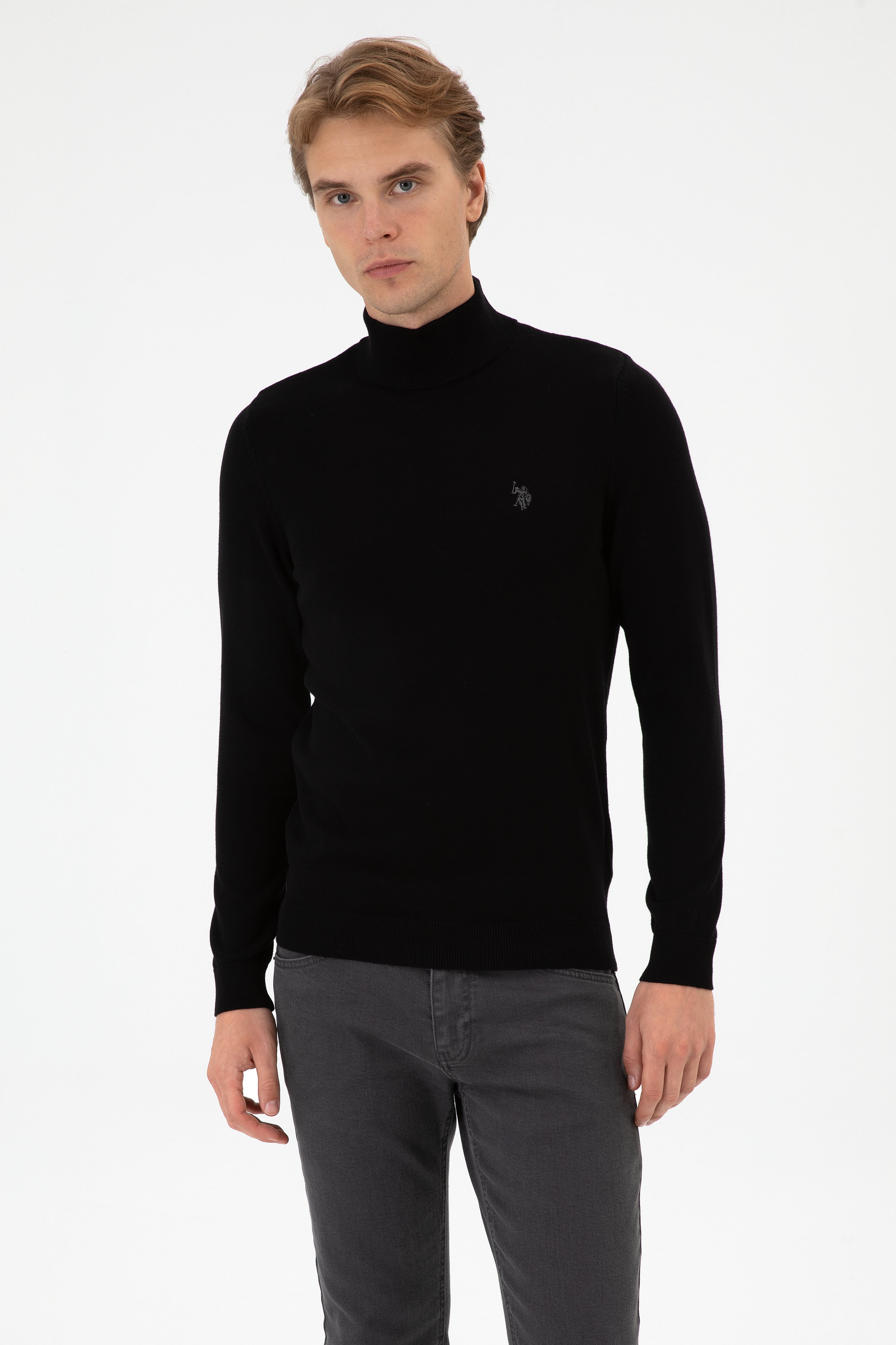 Erkek Slim Fit Boğazlı Siyah Basic Kazak - Image 1