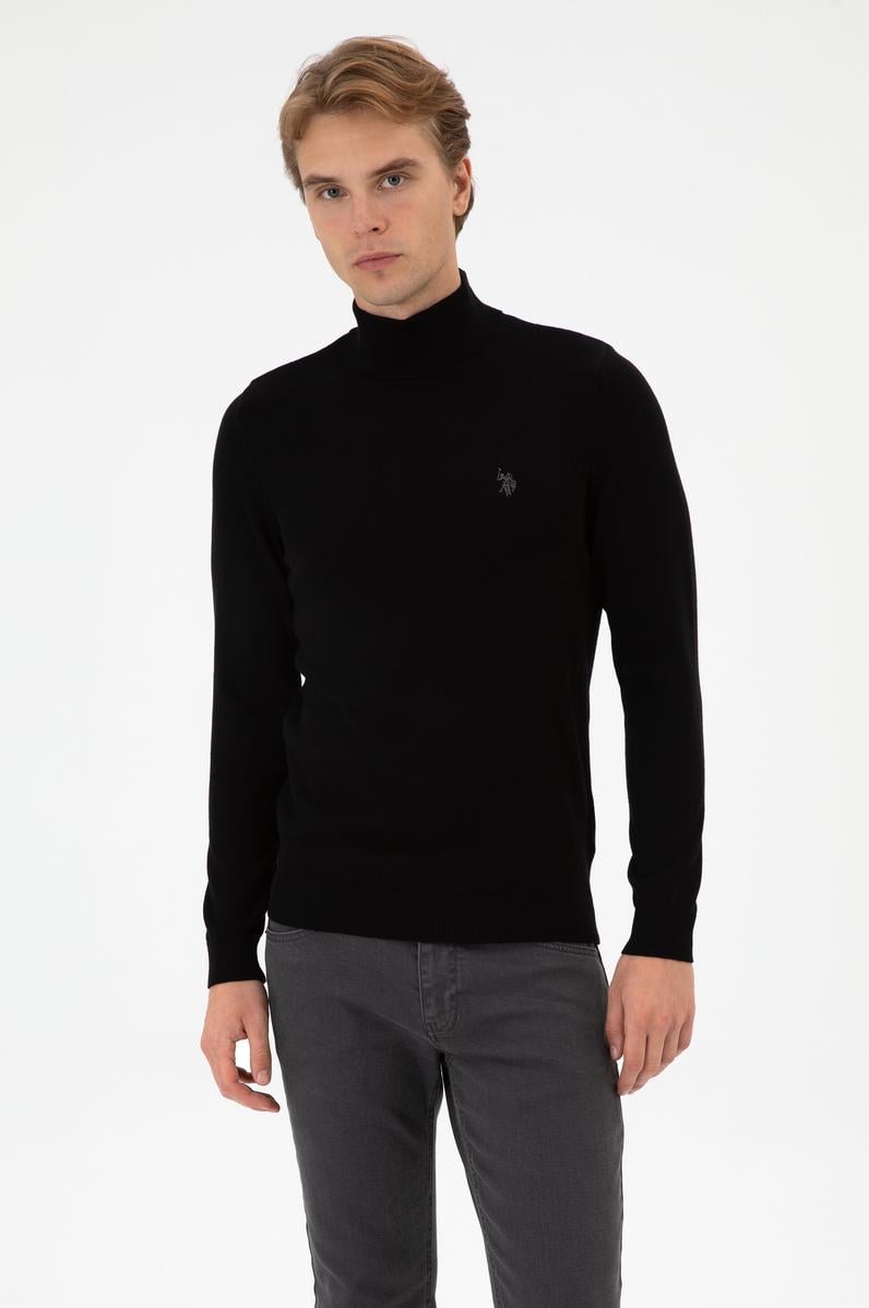 Erkek Slim Fit Boğazlı Siyah Basic Kazak