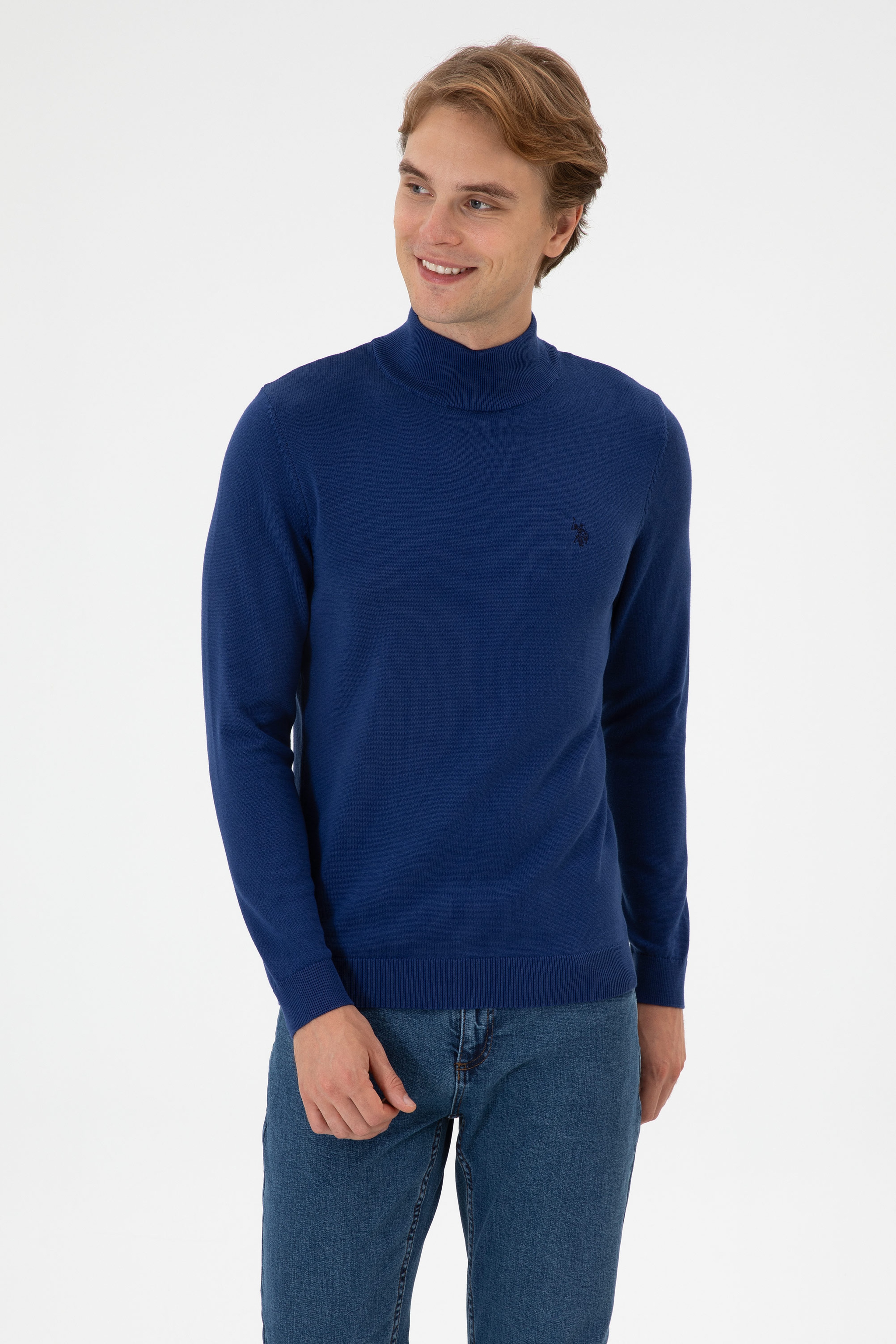 Erkek Slim Fit Boğazlı İndigo Basic Kazak - Image 1