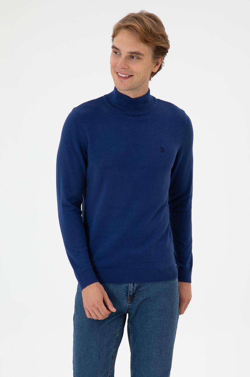 Erkek Slim Fit Boğazlı İndigo Basic Kazak