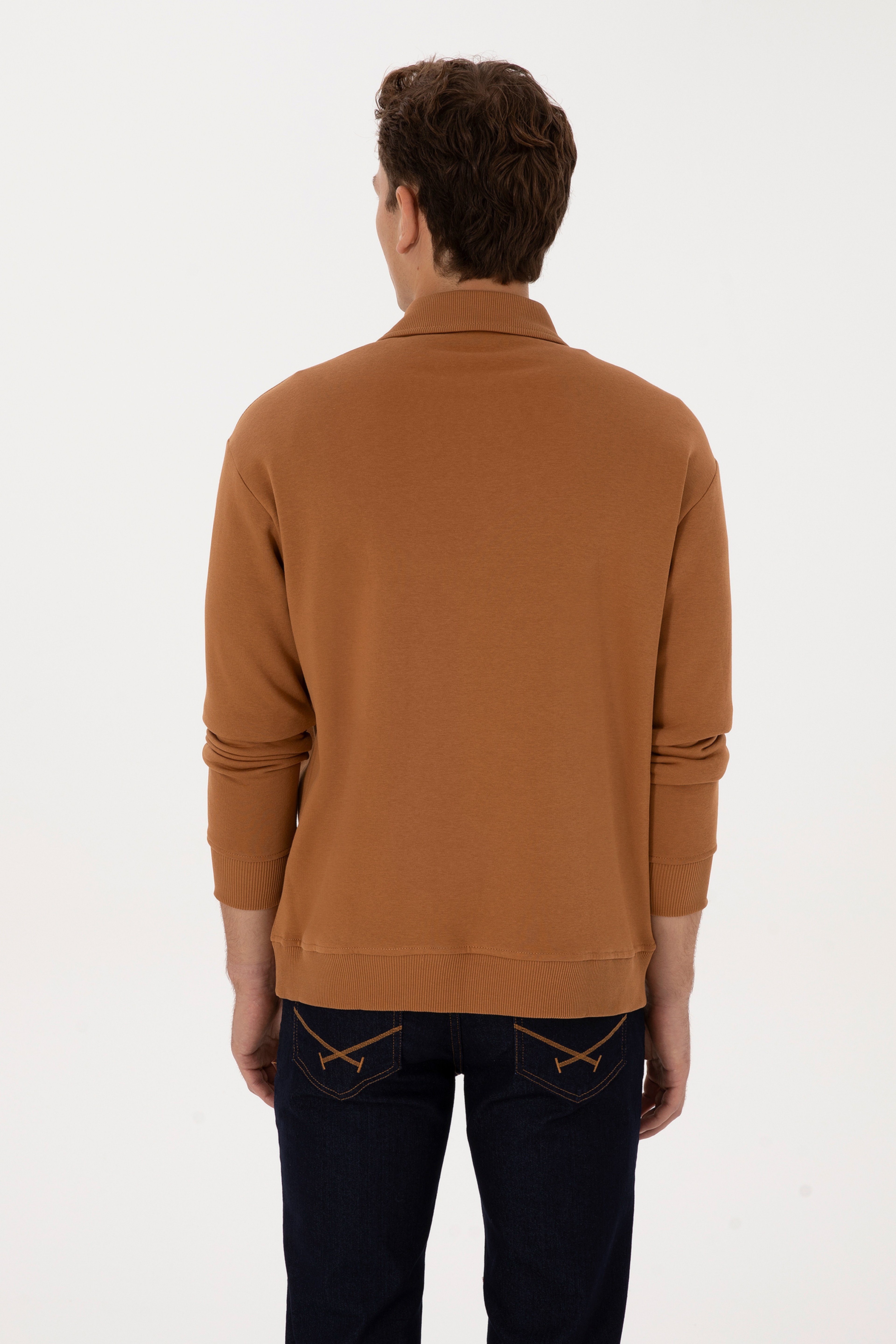 Erkek Regular Fit Yarım Fermuarlı Şardonlu Polo Yaka Camel Basic Sweatshirt