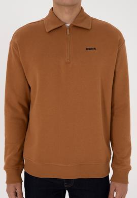 Erkek Regular Fit Yarım Fermuarlı Şardonlu Camel Basic Sweatshirt - 50313783068