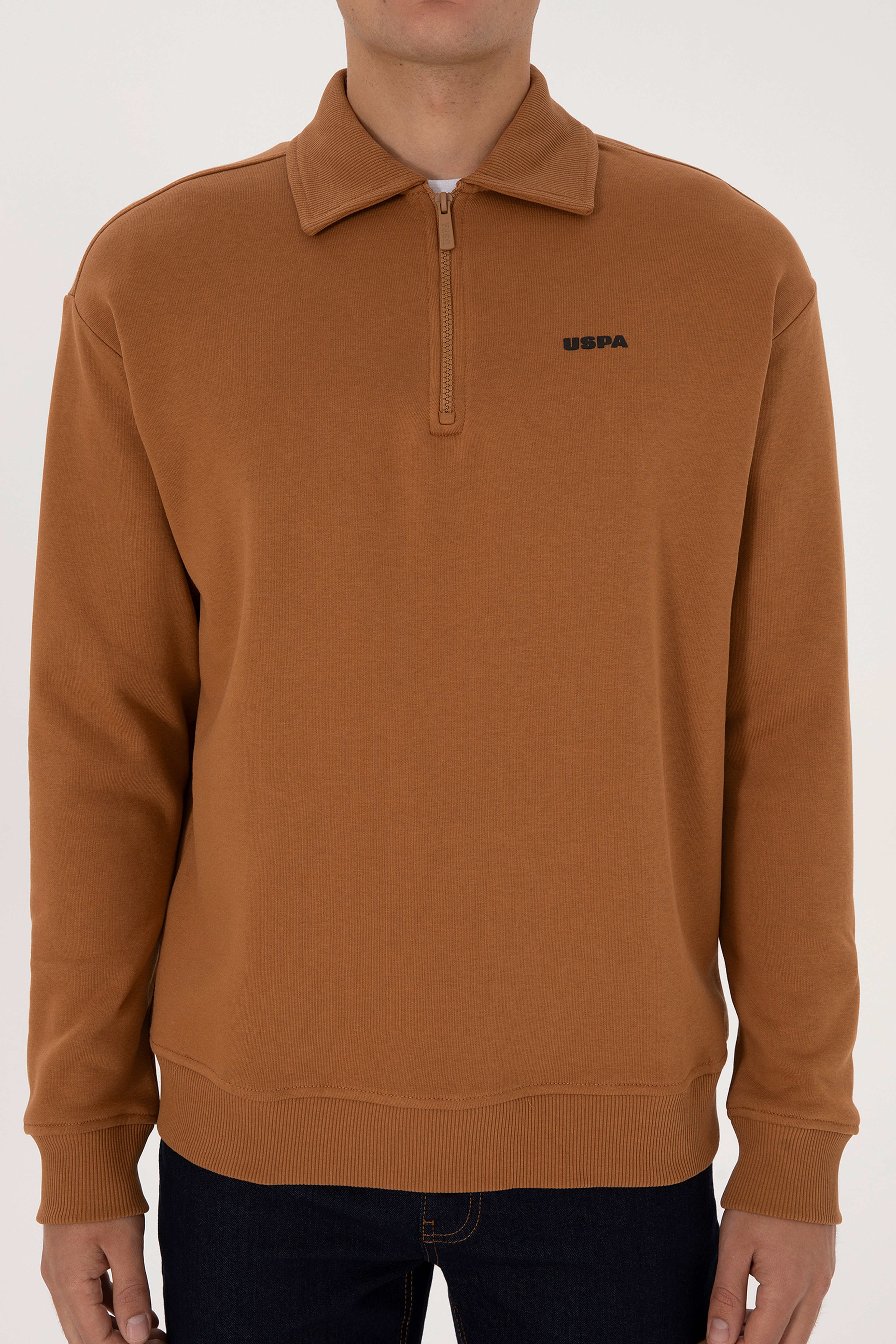 Erkek Regular Fit Yarım Fermuarlı Şardonlu Polo Yaka Camel Basic Sweatshirt