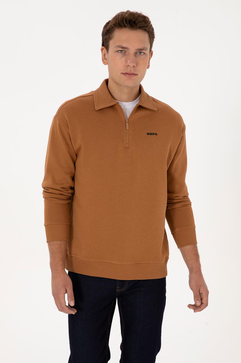 Erkek Regular Fit Yarım Fermuarlı Şardonlu Camel Basic Sweatshirt