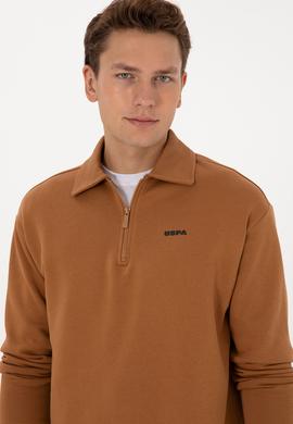 Erkek Regular Fit Yarım Fermuarlı Şardonlu Camel Basic Sweatshirt - 50313783068