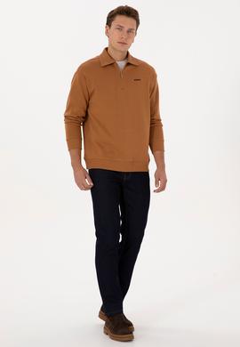 Erkek Regular Fit Yarım Fermuarlı Şardonlu Camel Basic Sweatshirt - 50313783068
