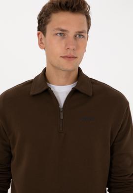 Erkek Regular Fit Yarım Fermuarlı Şardonlu Kahverengi Basic Sweatshirt - 50313783091