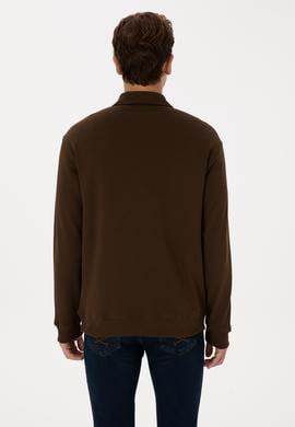 Erkek Regular Fit Yarım Fermuarlı Şardonlu Kahverengi Basic Sweatshirt - 50313783091
