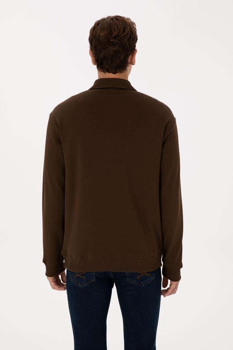 Erkek Regular Fit Yarım Fermuarlı Şardonlu Kahverengi Basic Sweatshirt - 50313783091