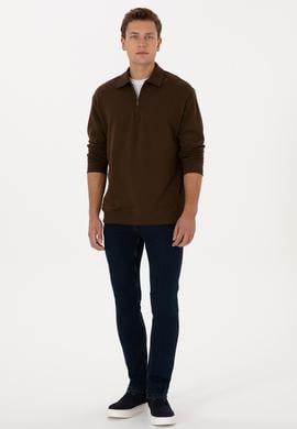 Erkek Regular Fit Yarım Fermuarlı Şardonlu Kahverengi Basic Sweatshirt - 50313783091