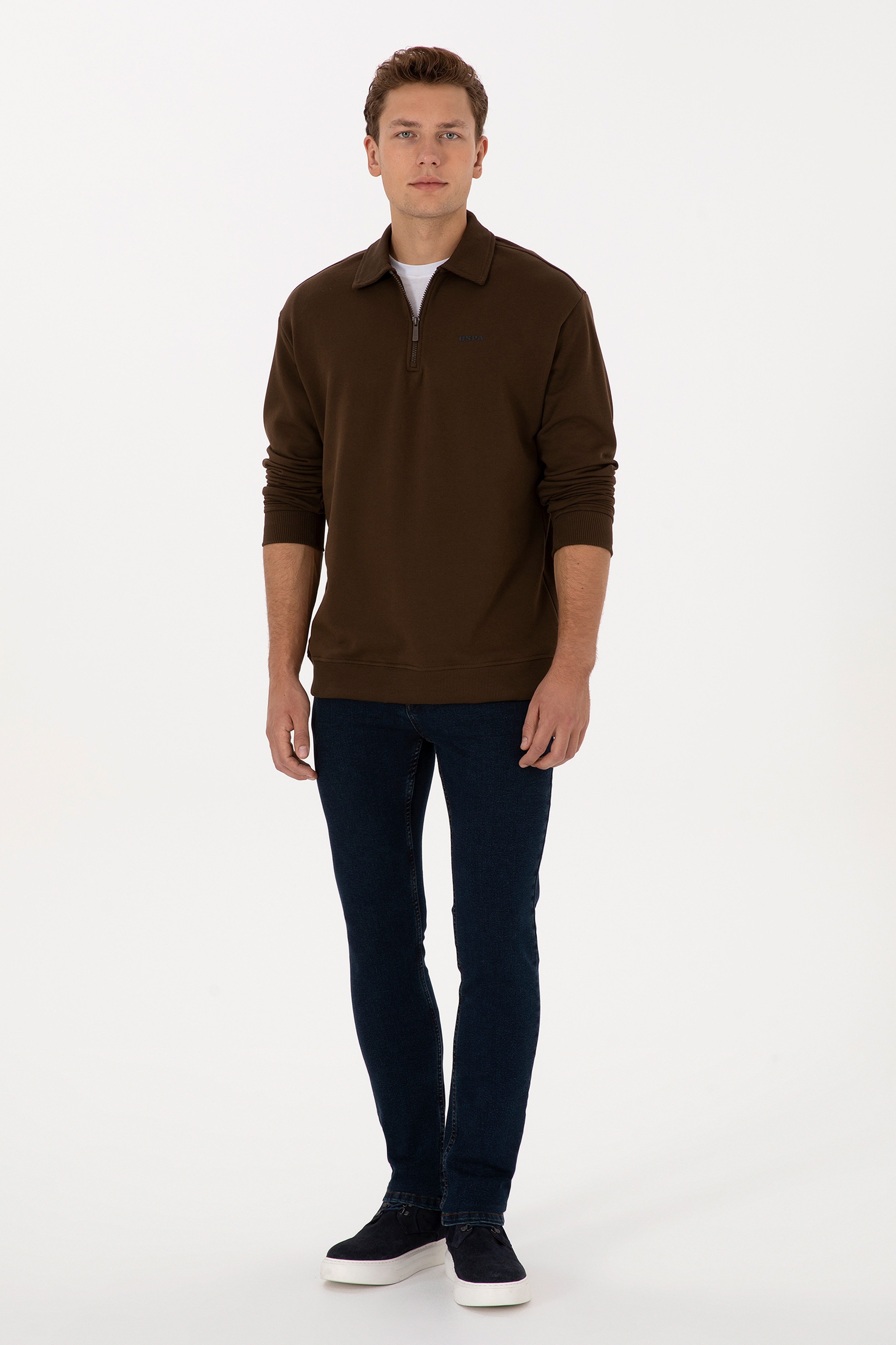Erkek Regular Fit Yarım Fermuarlı Şardonlu Polo Yaka Kahverengi Basic Sweatshirt - Image 4