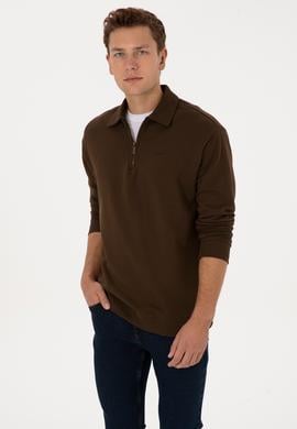 Erkek Regular Fit Yarım Fermuarlı Şardonlu Kahverengi Basic Sweatshirt - 50313783091