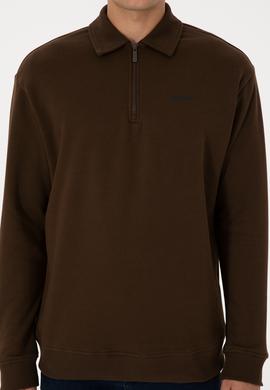 Erkek Regular Fit Yarım Fermuarlı Şardonlu Kahverengi Basic Sweatshirt - 50313783091
