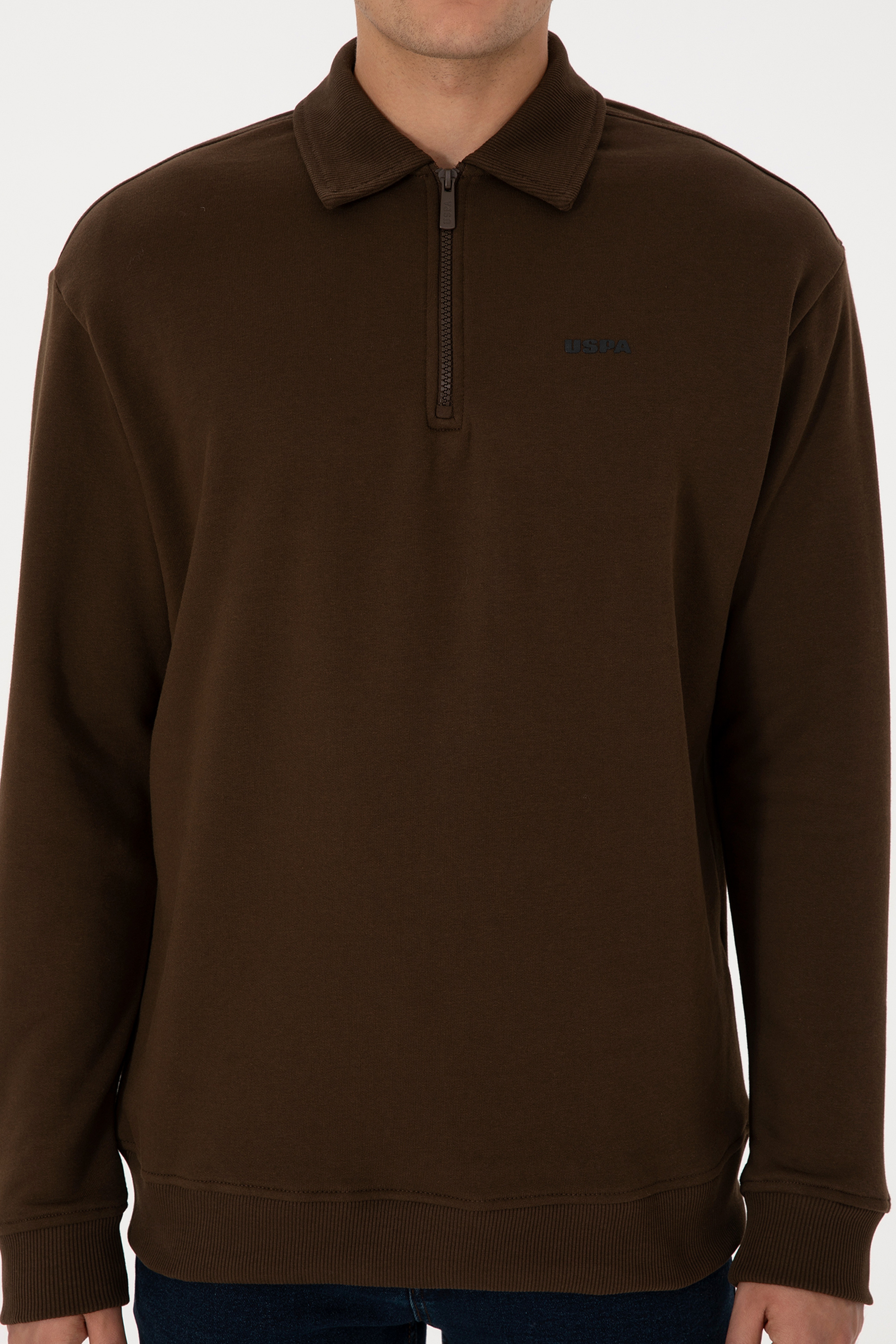 Erkek Regular Fit Yarım Fermuarlı Şardonlu Polo Yaka Kahverengi Basic Sweatshirt - Image 6