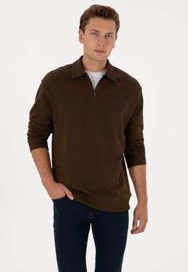 Erkek Regular Fit Yarım Fermuarlı Şardonlu Kahverengi Basic Sweatshirt - 50313783091