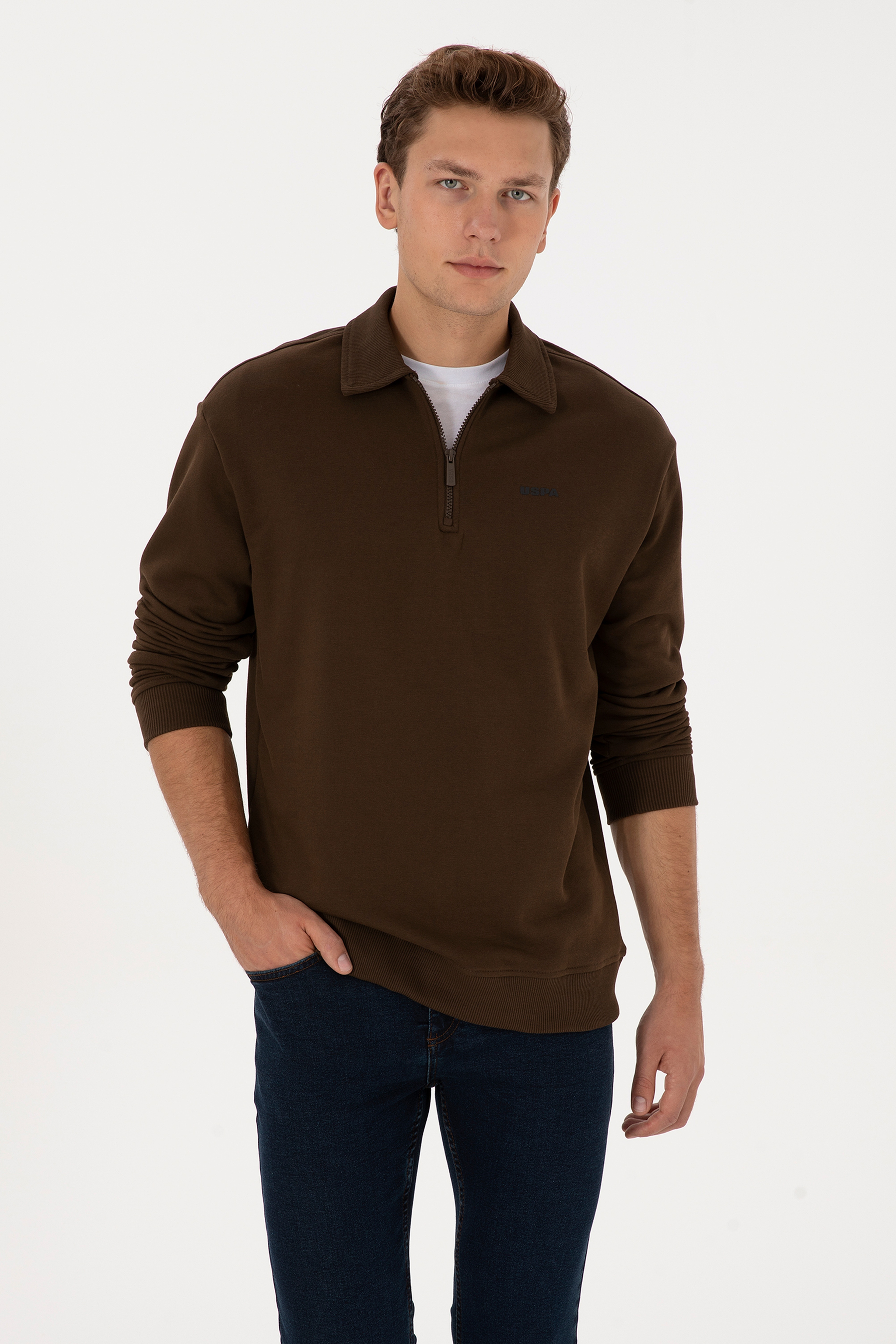 Erkek Regular Fit Yarım Fermuarlı Şardonlu Polo Yaka Kahverengi Basic Sweatshirt