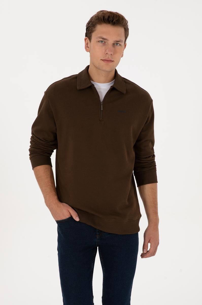 Erkek Regular Fit Yarım Fermuarlı Şardonlu Kahverengi Basic Sweatshirt