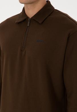 Erkek Regular Fit Yarım Fermuarlı Şardonlu Kahverengi Basic Sweatshirt - 50313783091