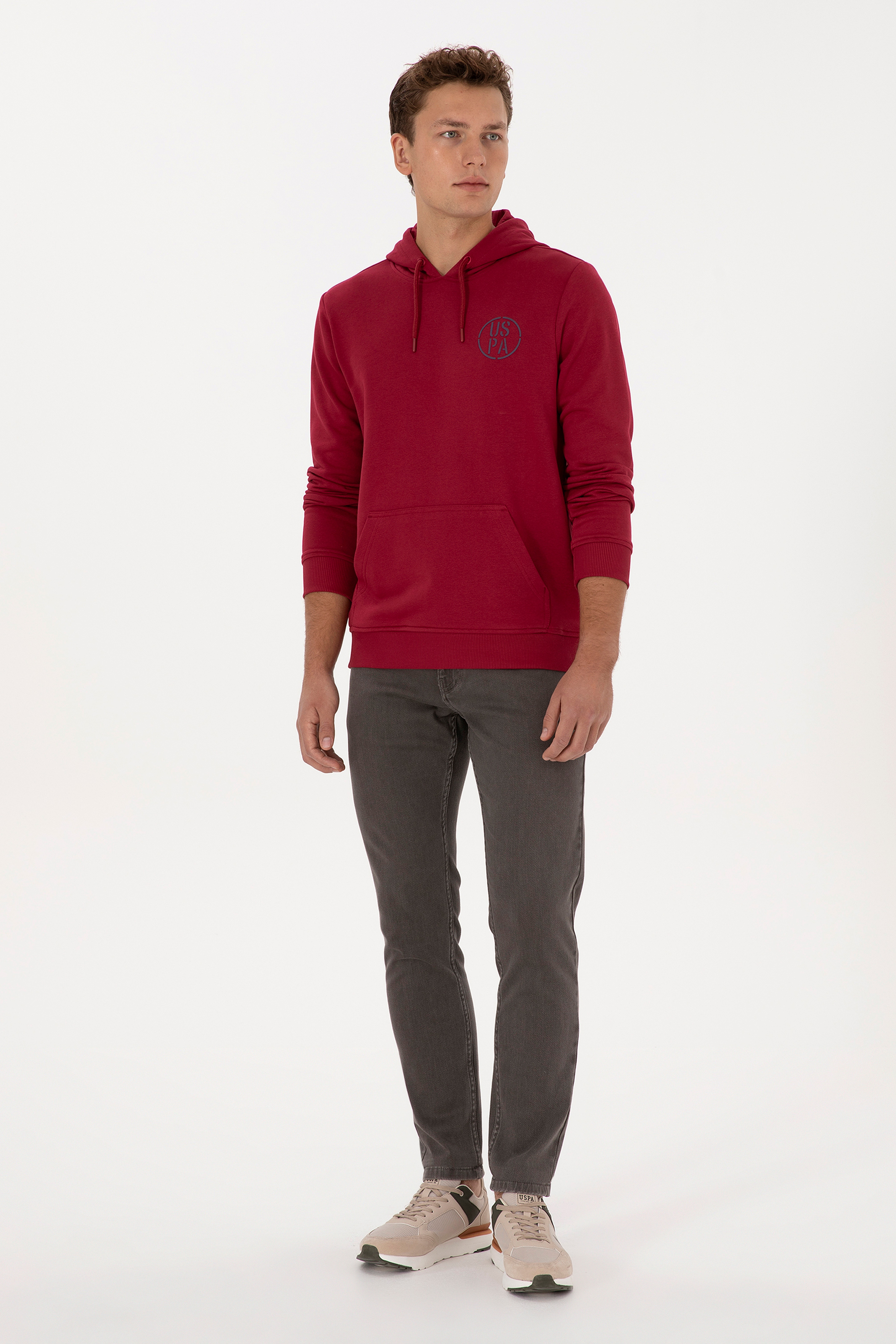 Erkek Regular Fit Kapüşonlu Koyu Frambuaz Sweatshirt - Image 4