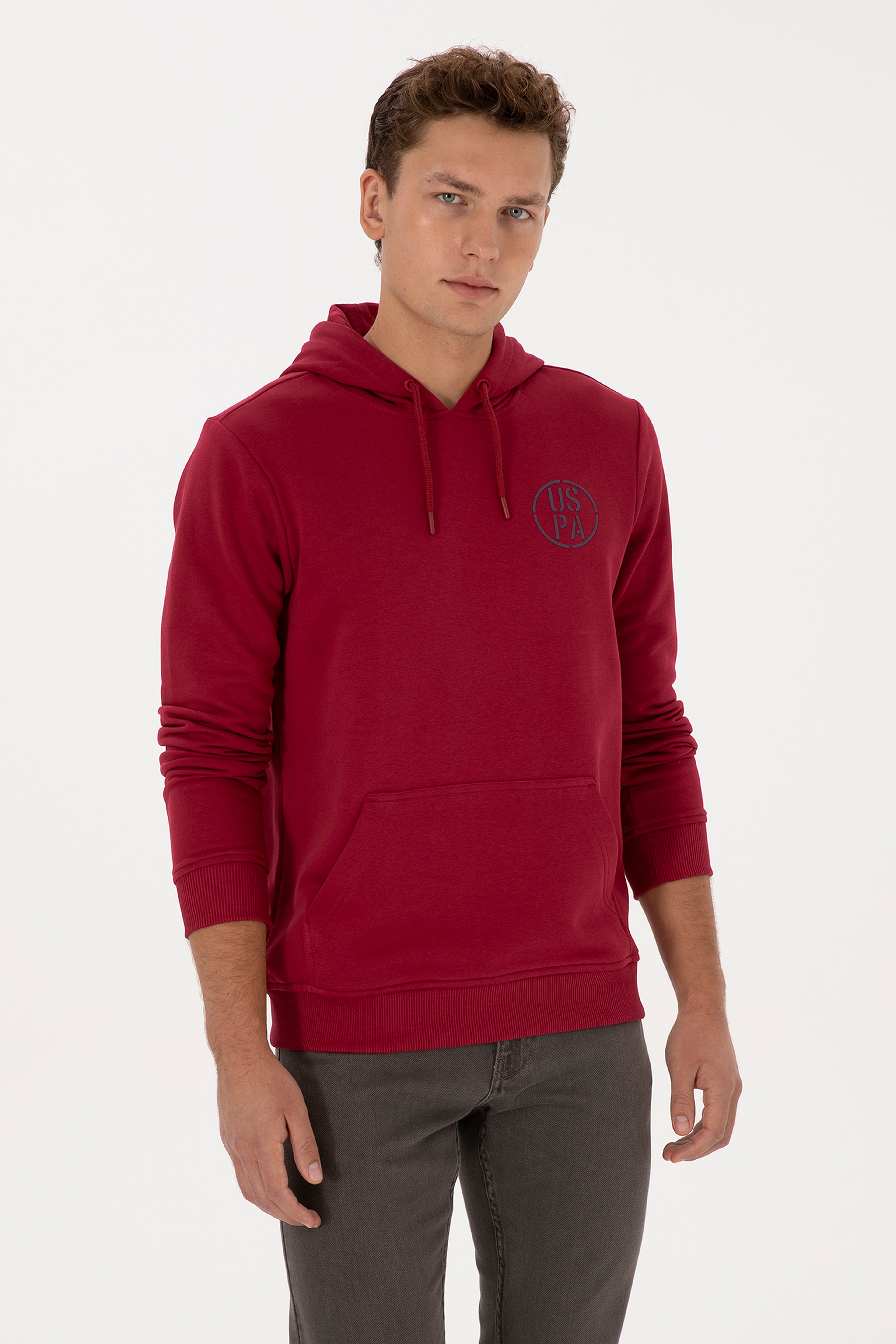 Erkek Regular Fit Kapüşonlu Koyu Frambuaz Sweatshirt