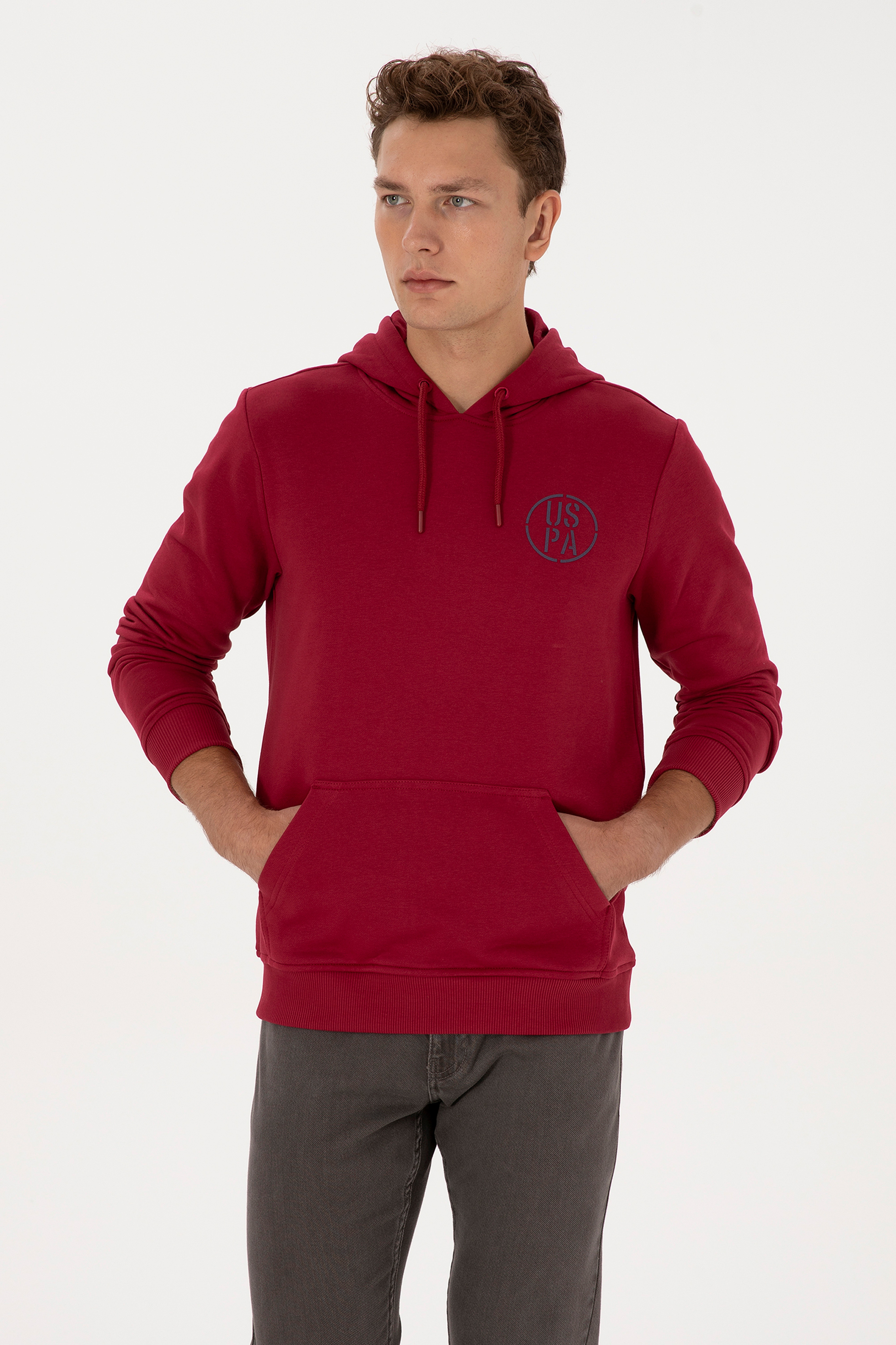 Erkek Regular Fit Kapüşonlu Koyu Frambuaz Sweatshirt