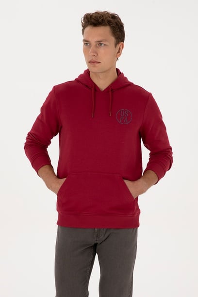 Erkek Regular Fit Kapüşonlu Koyu Frambuaz Sweatshirt