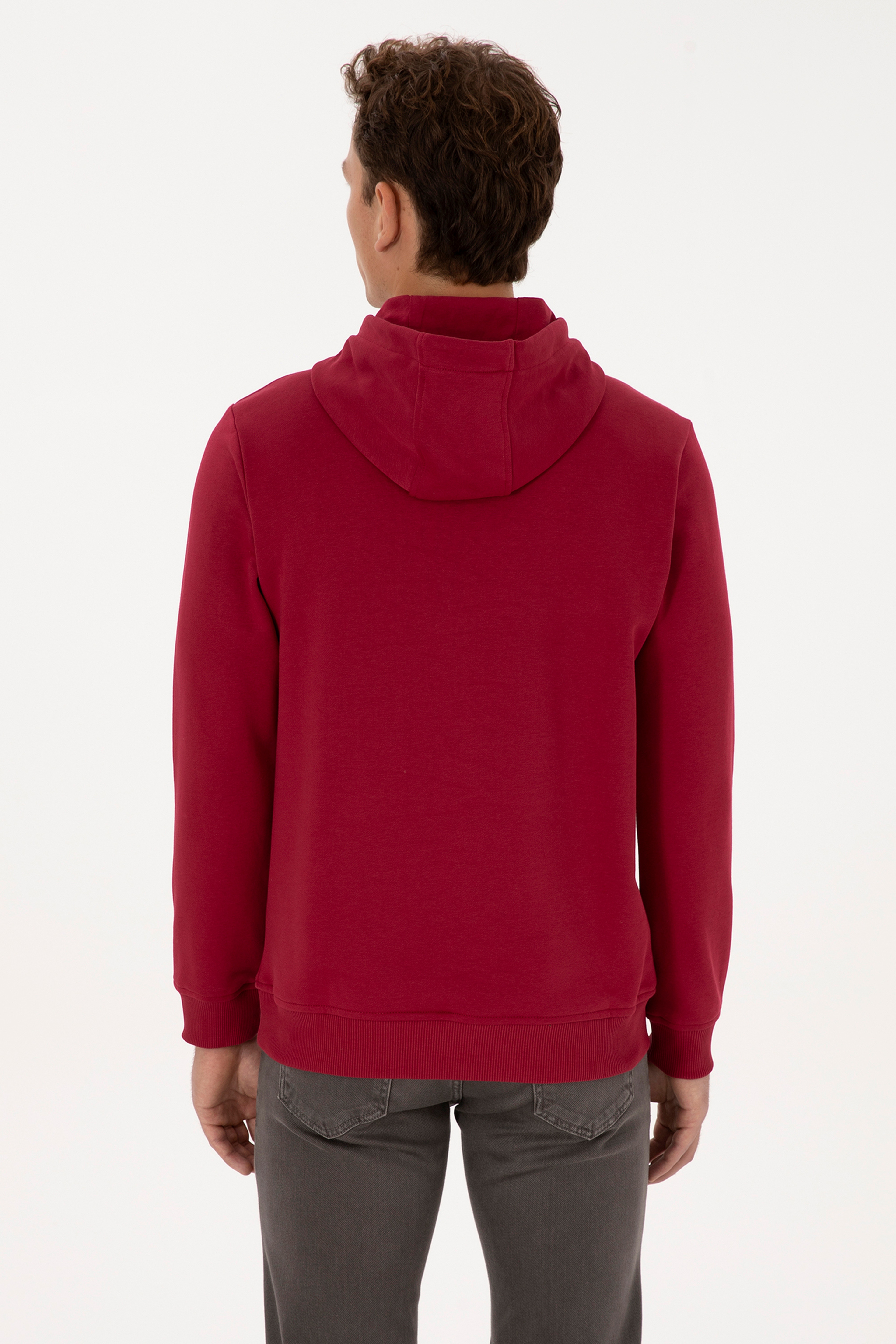 Erkek Regular Fit Kapüşonlu Koyu Frambuaz Sweatshirt - Image 5