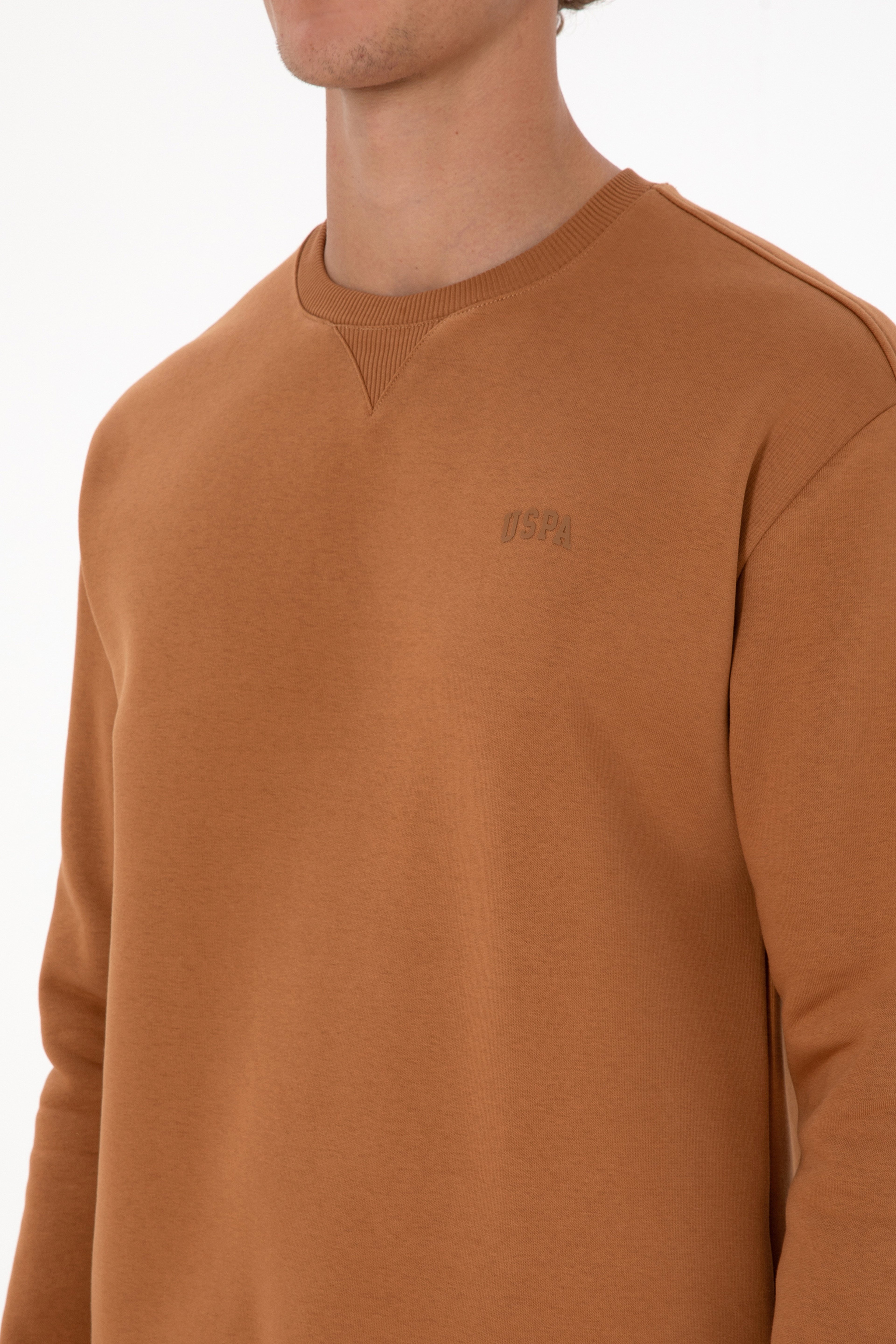 Erkek Comfort Fit Bisiklet Yaka Şardonlu Camel Basic Sweatshirt