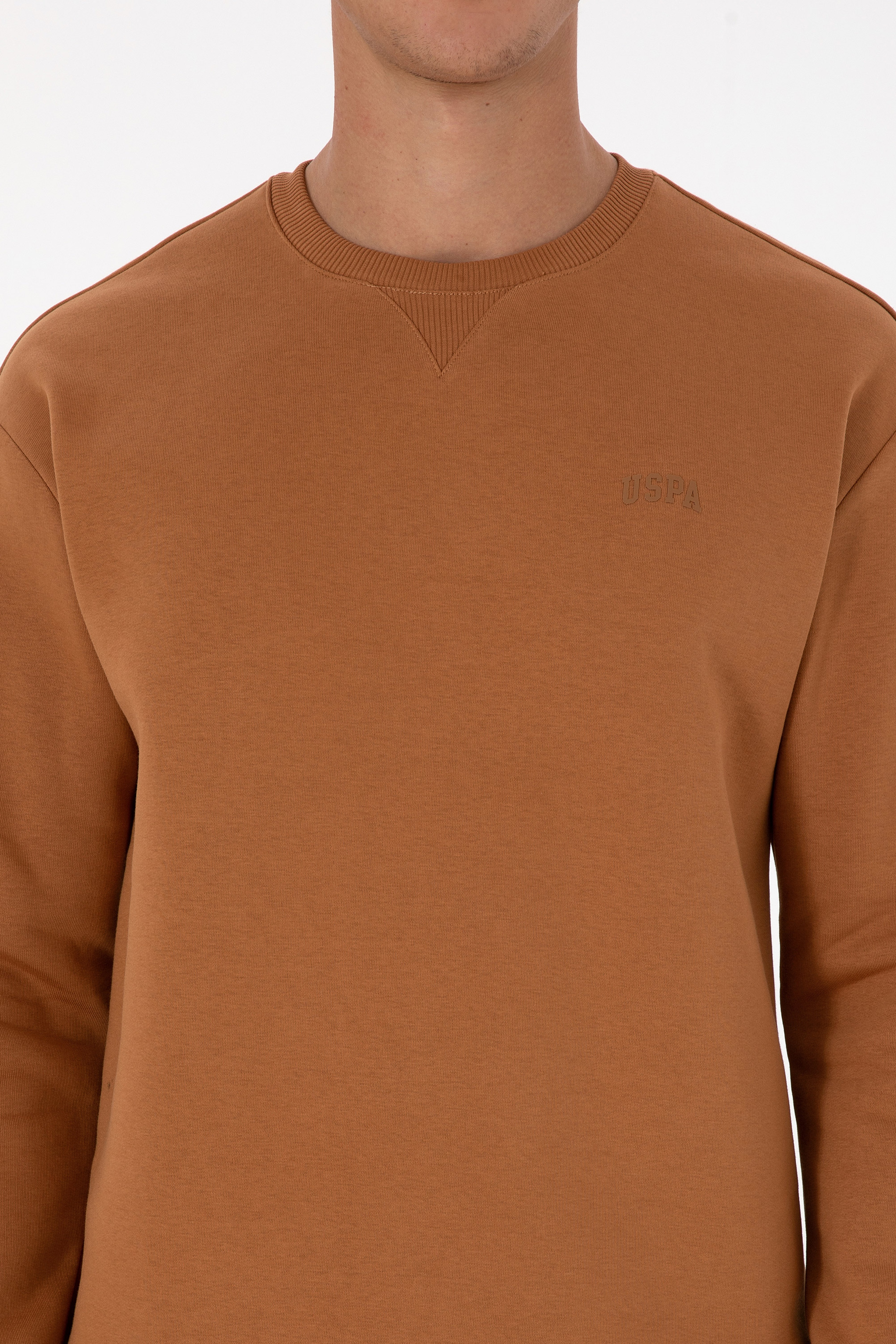Erkek Comfort Fit Bisiklet Yaka Şardonlu Camel Basic Sweatshirt - Image 6