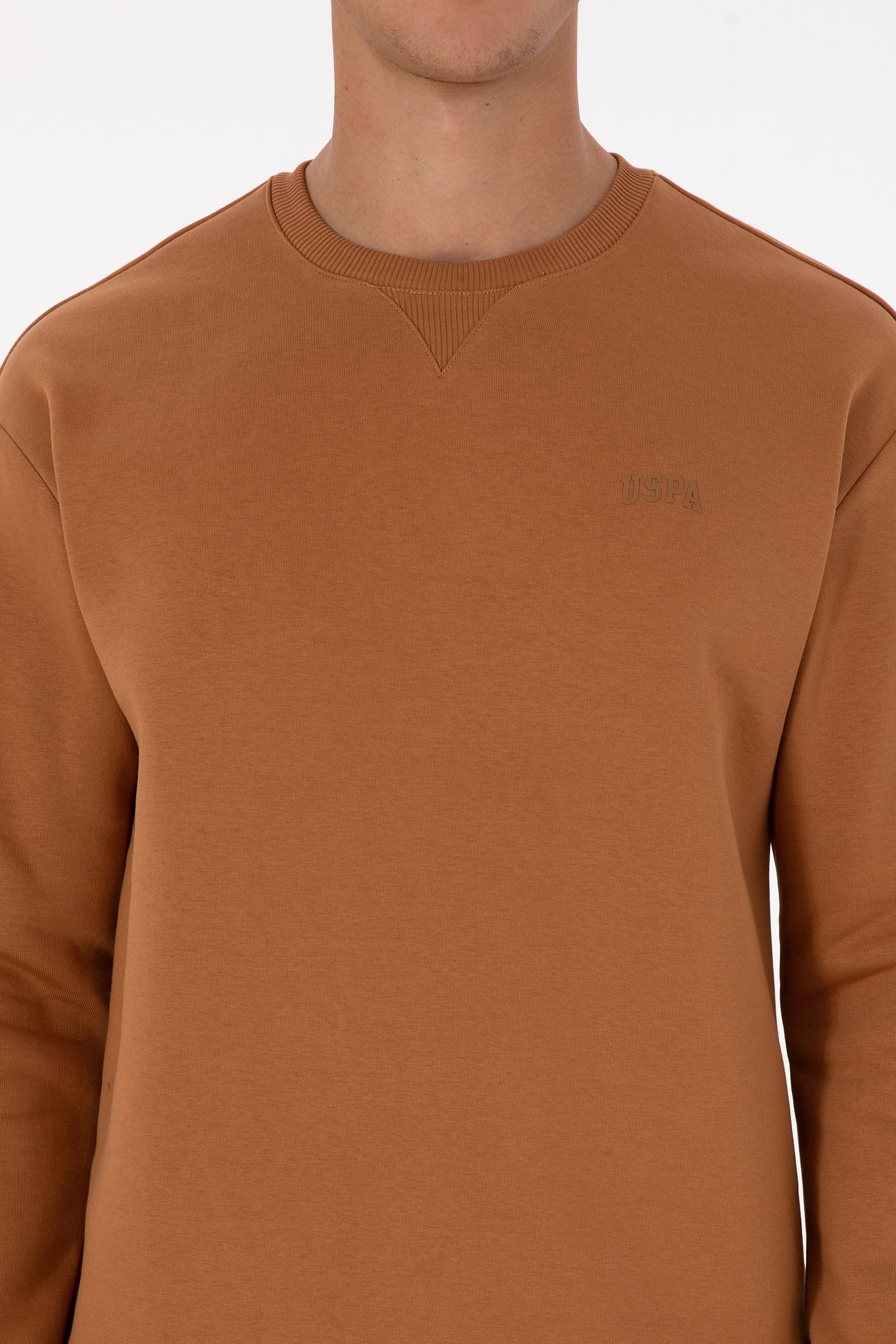 Erkek Comfort Fit Bisiklet Yaka Şardonlu Camel Basic Sweatshirt