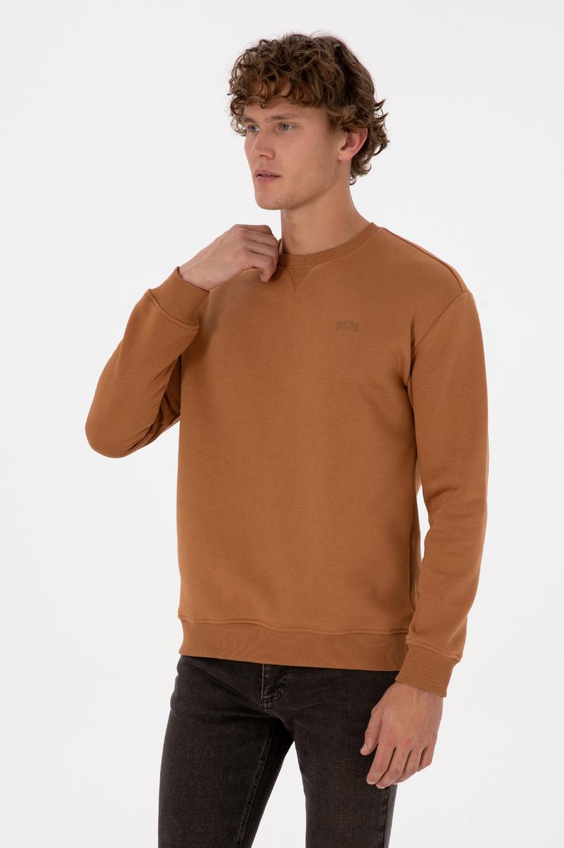 Erkek Comfort Fit Bisiklet Yaka Şardonlu Camel Basic Sweatshirt