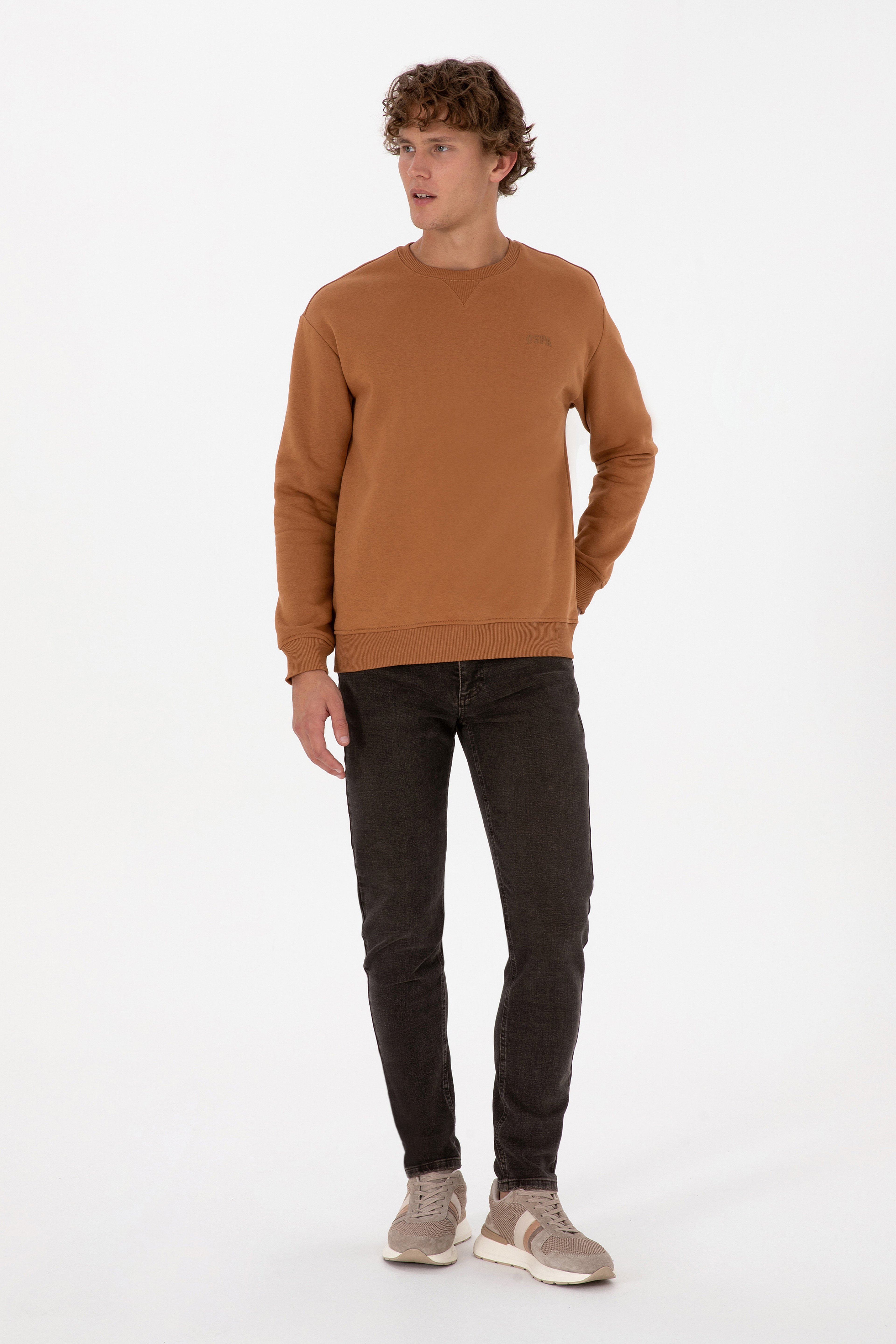 Erkek Comfort Fit Bisiklet Yaka Şardonlu Camel Basic Sweatshirt