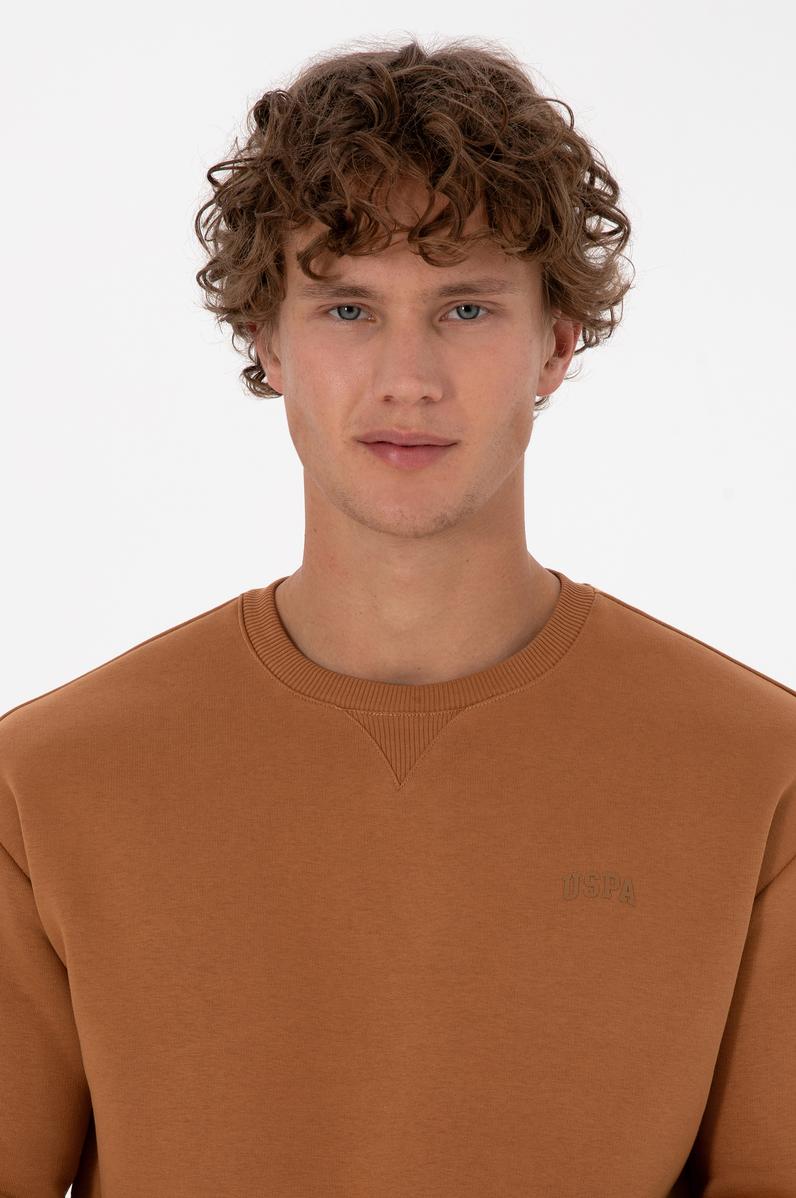 Erkek Comfort Fit Bisiklet Yaka Şardonlu Camel Basic Sweatshirt
