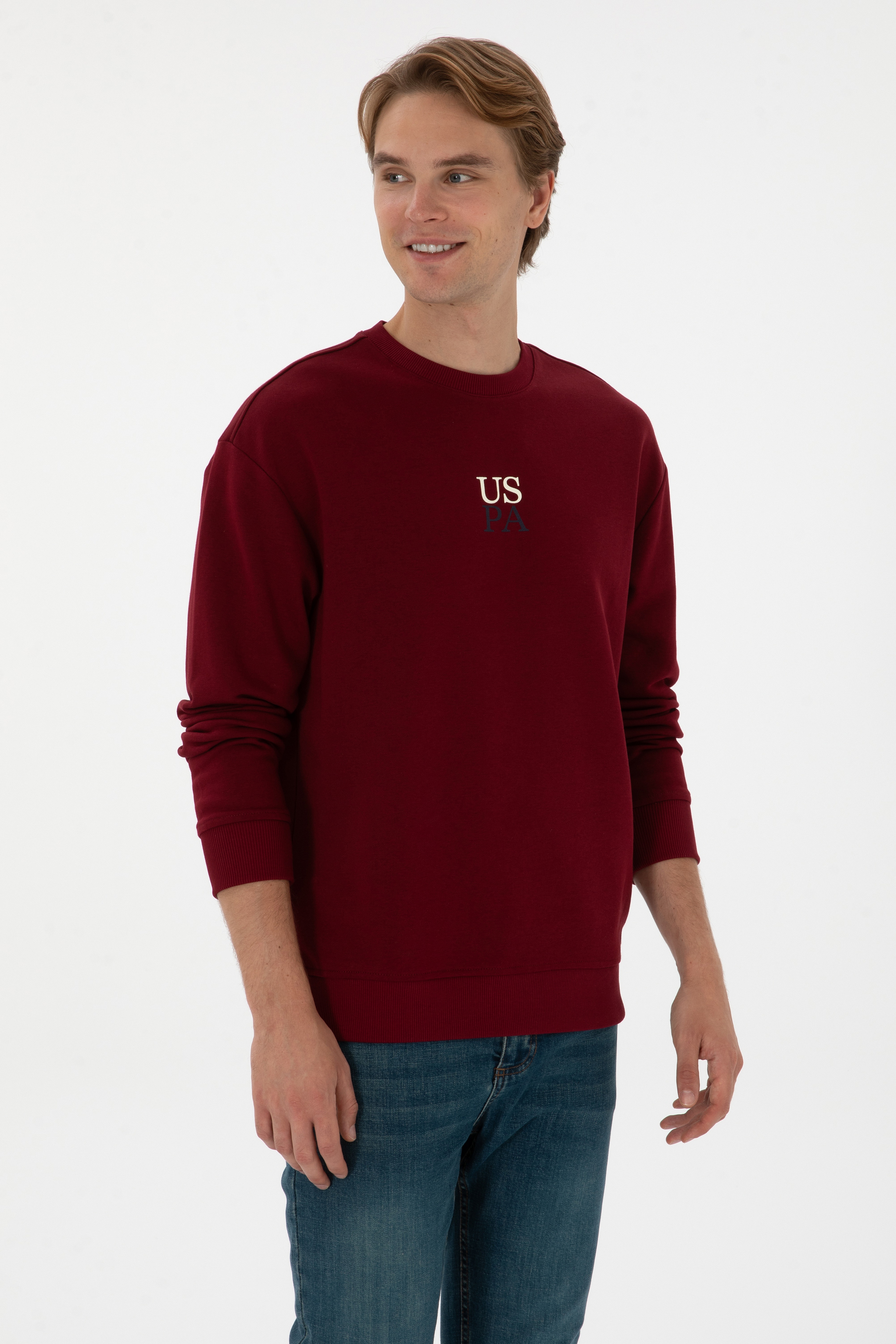 Erkek Comfort Fit Bisiklet Yaka Bordo Basic Sweatshirt
