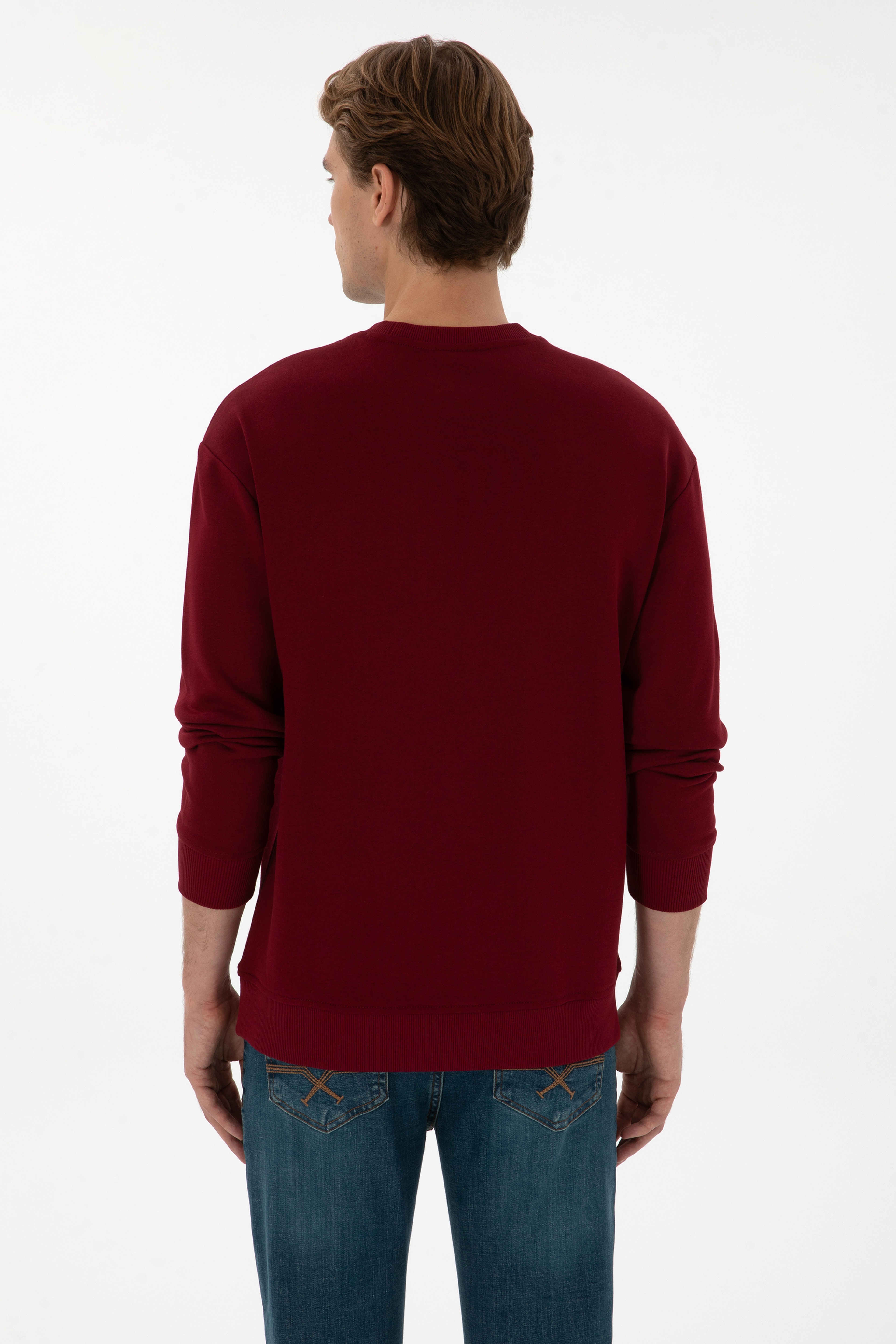 Erkek Comfort Fit Bisiklet Yaka Bordo Basic Sweatshirt - Image 5