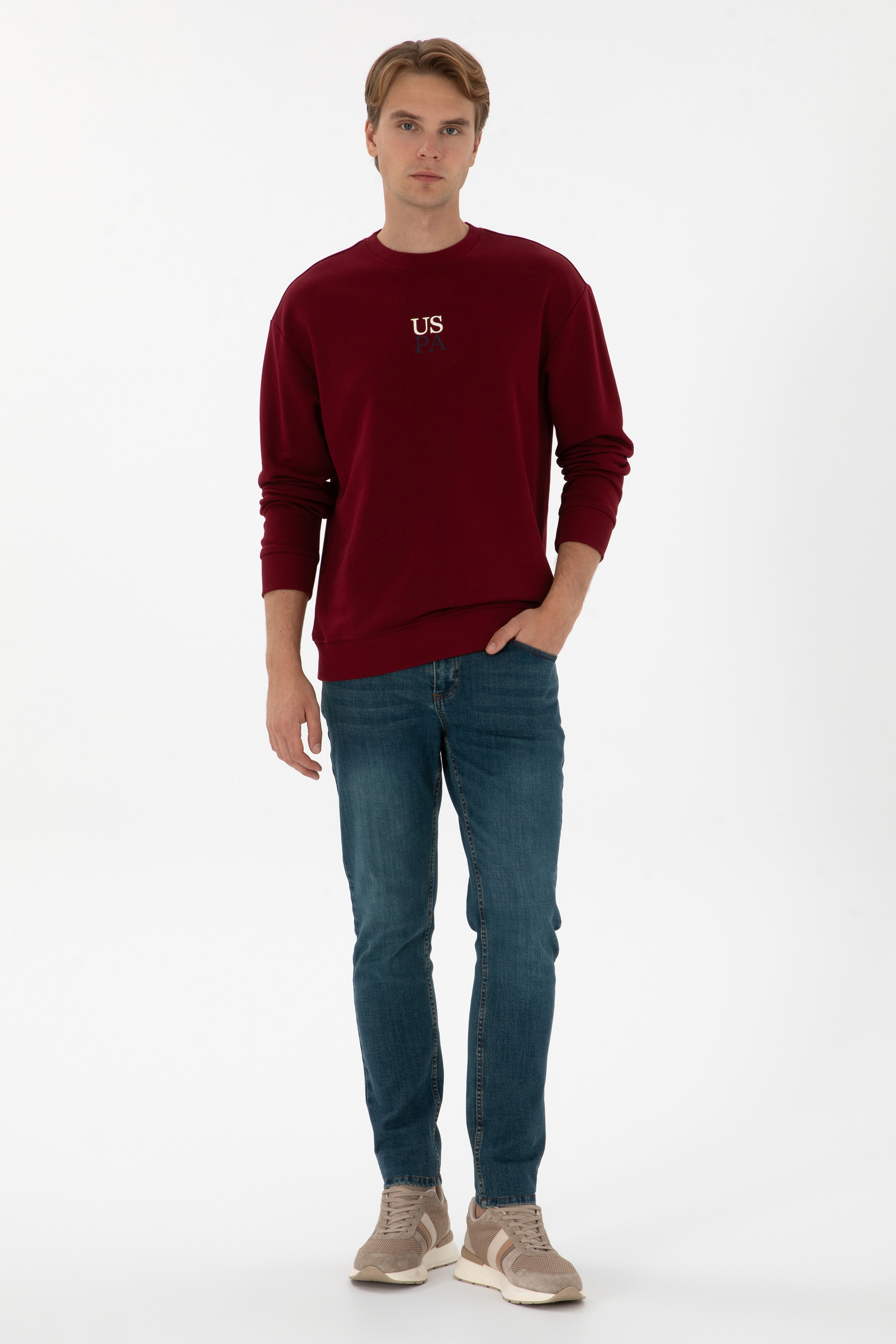 Erkek Comfort Fit Bisiklet Yaka Bordo Basic Sweatshirt - Image 4