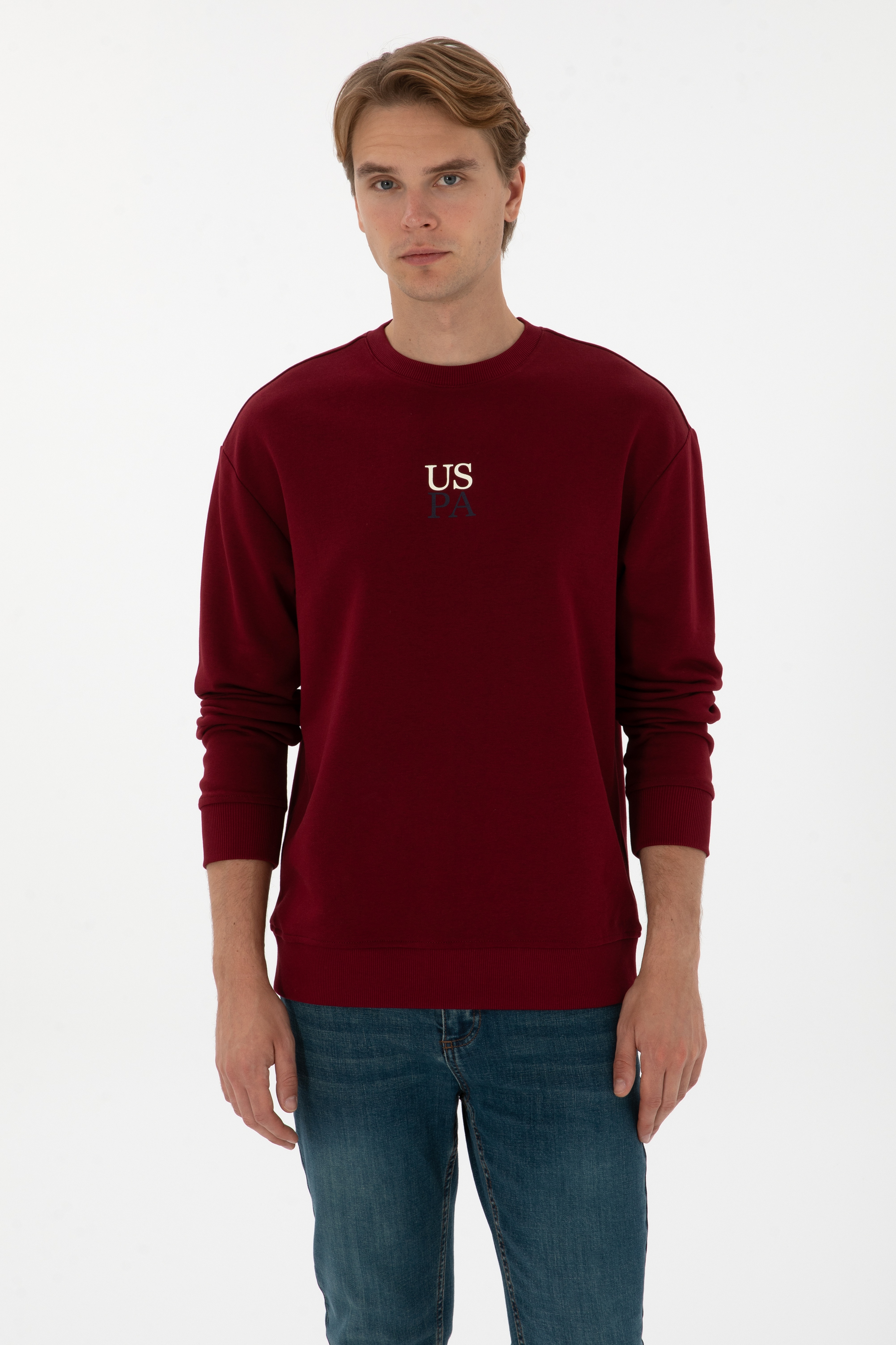 Erkek Comfort Fit Bisiklet Yaka Bordo Basic Sweatshirt - Image 1